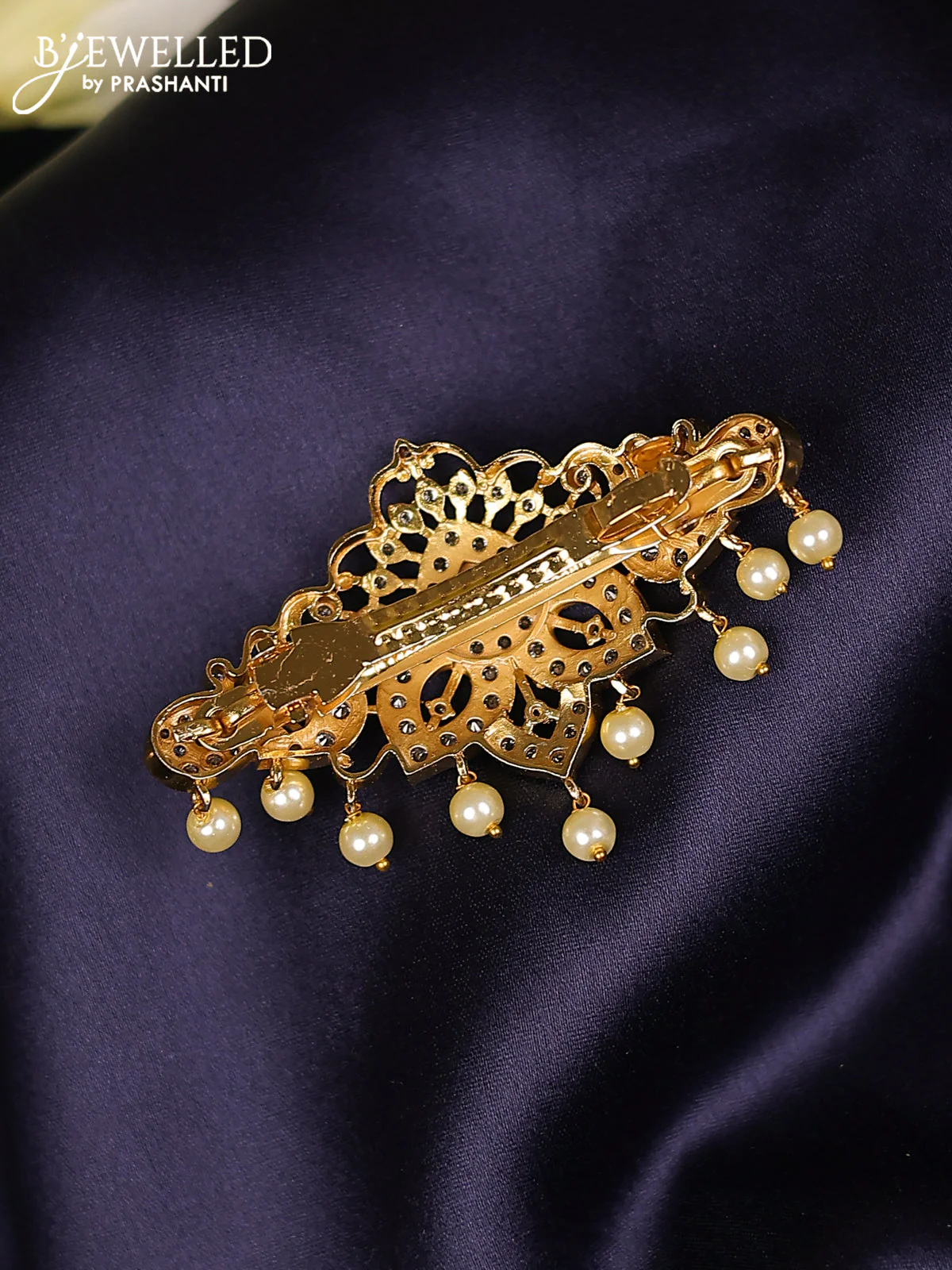 Antique hair clips medium size peacock design with cz stones and pearl hangings - Image 2
