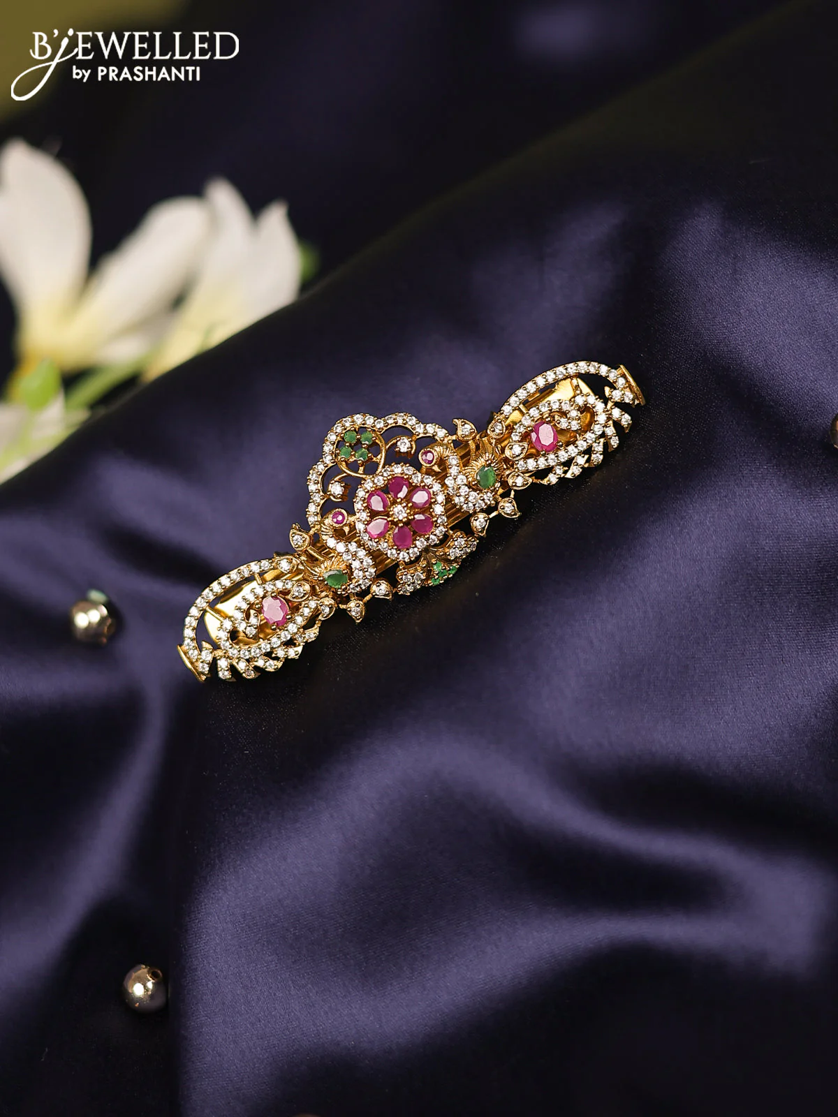 Antique hair clips medium size peacock design with kemp and cz stones