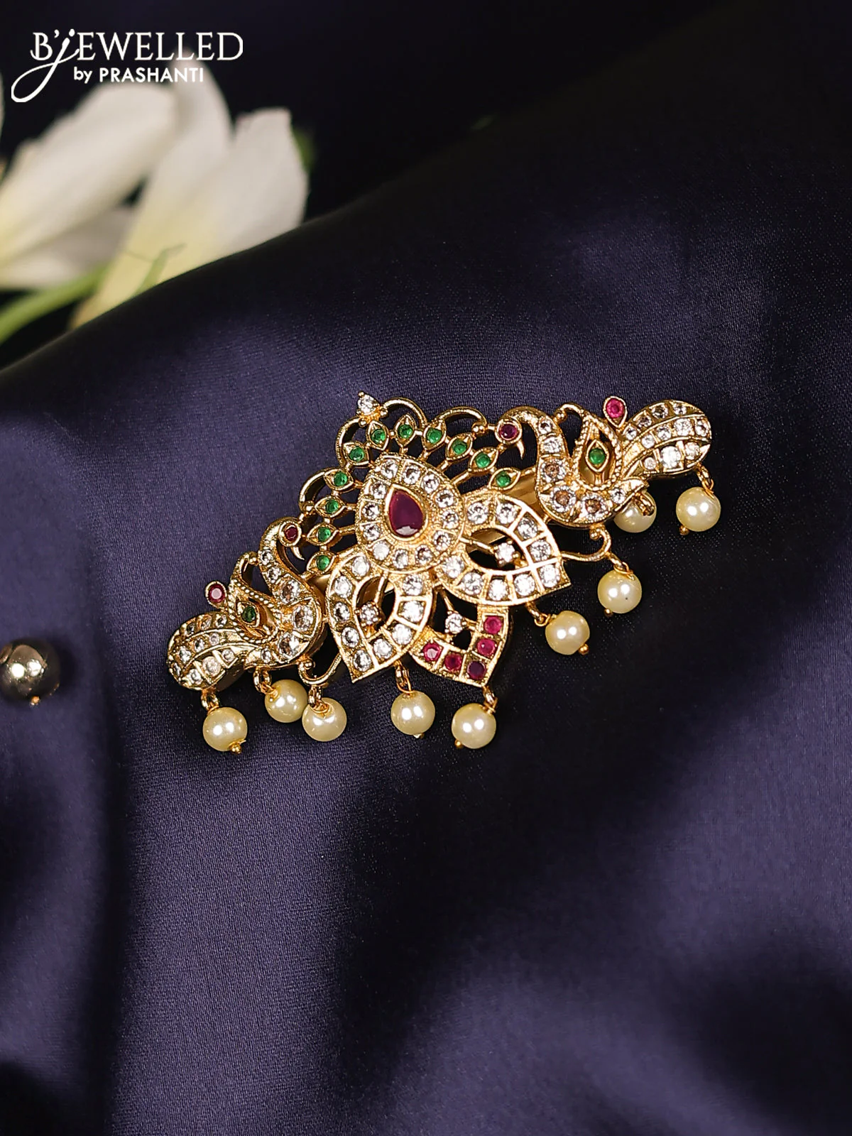 Antique hair clips medium size peacock design with kemp & cz stones and pearl hangings
