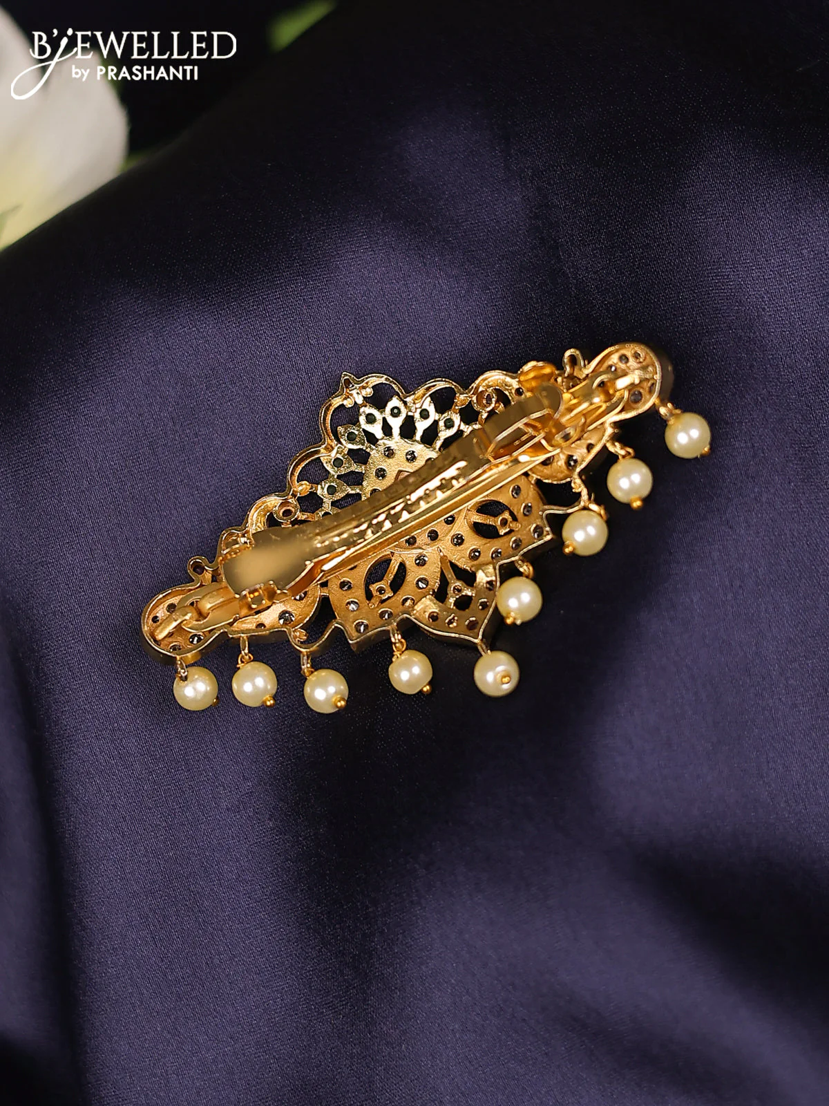 Antique hair clips medium size peacock design with kemp & cz stones and pearl hangings - Image 2