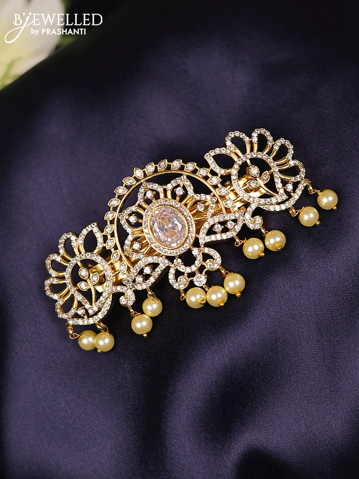 Antique hair clips medium size with cz stones and pearl hangings