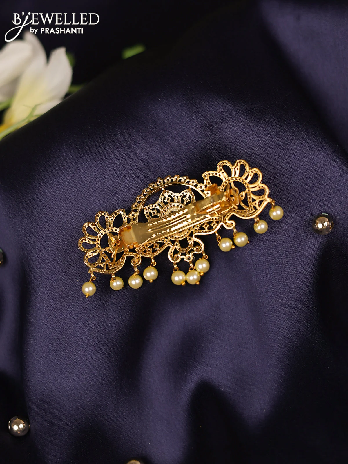 Antique hair clips medium size with cz stones and pearl hangings - Image 2