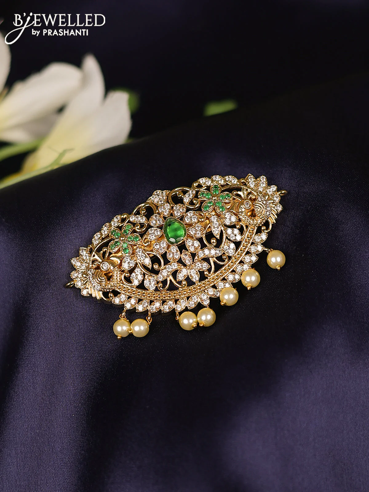 Antique hair clips medium size with emerald & cz stones and pearl hangings