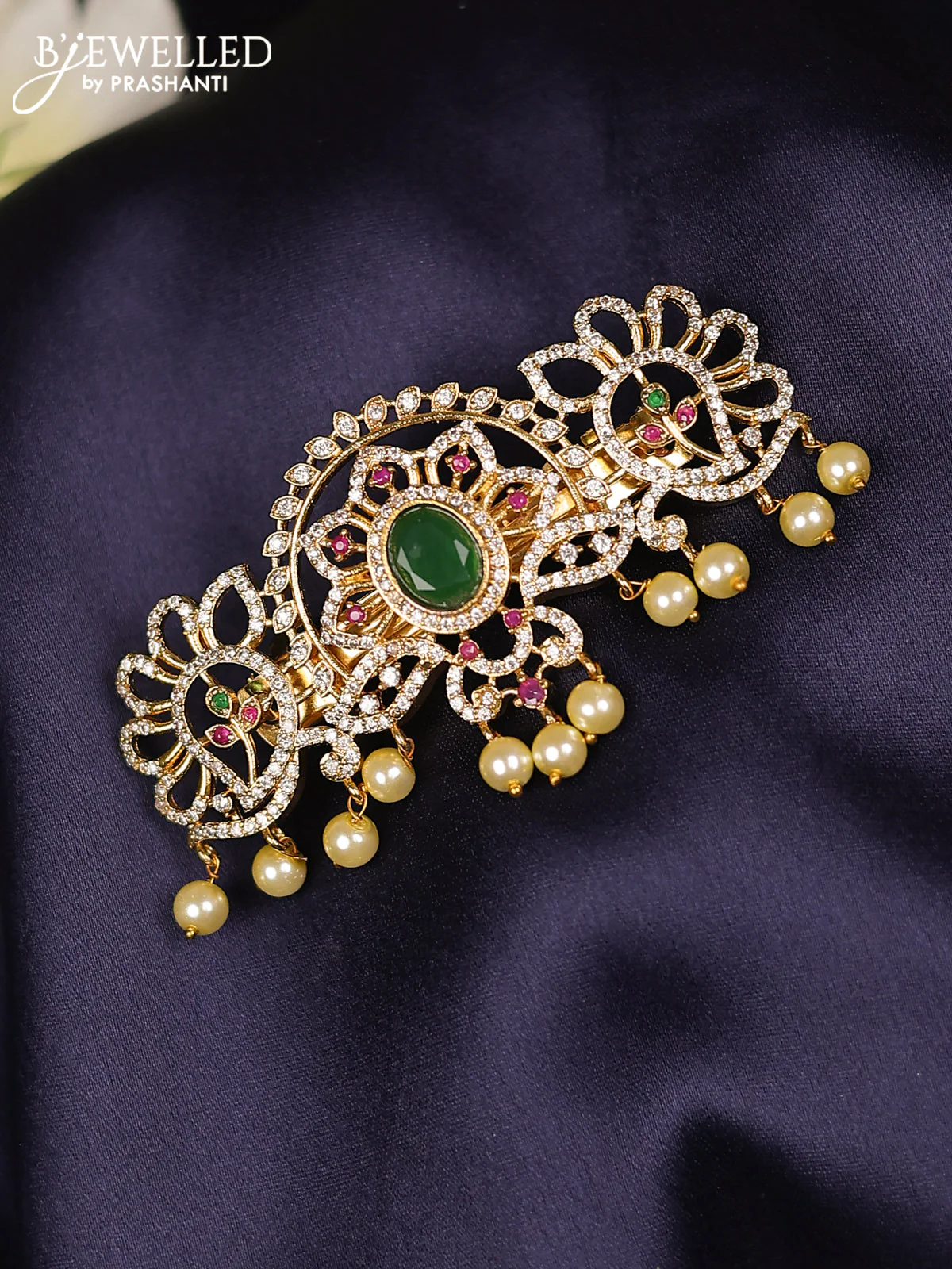 Antique hair clips medium size with kemp & cz stones and pearl hangings