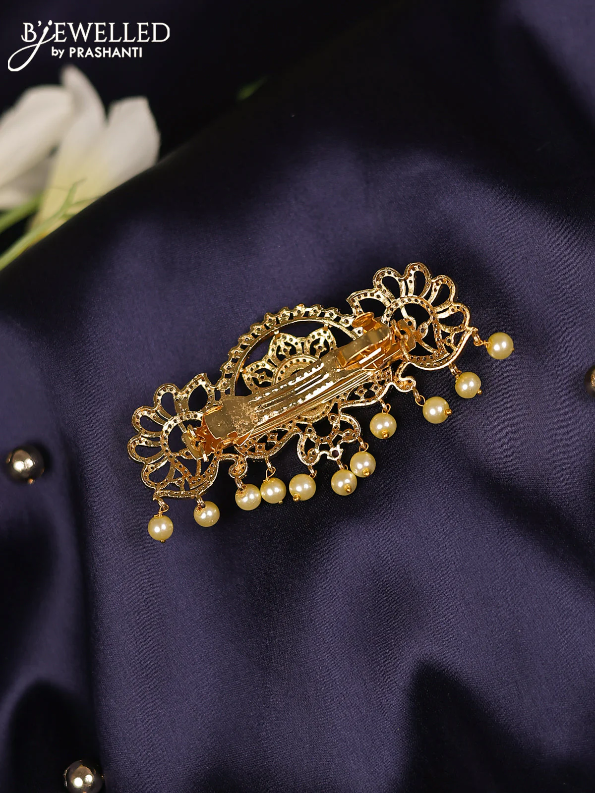 Antique hair clips medium size with kemp & cz stones and pearl hangings - Image 2