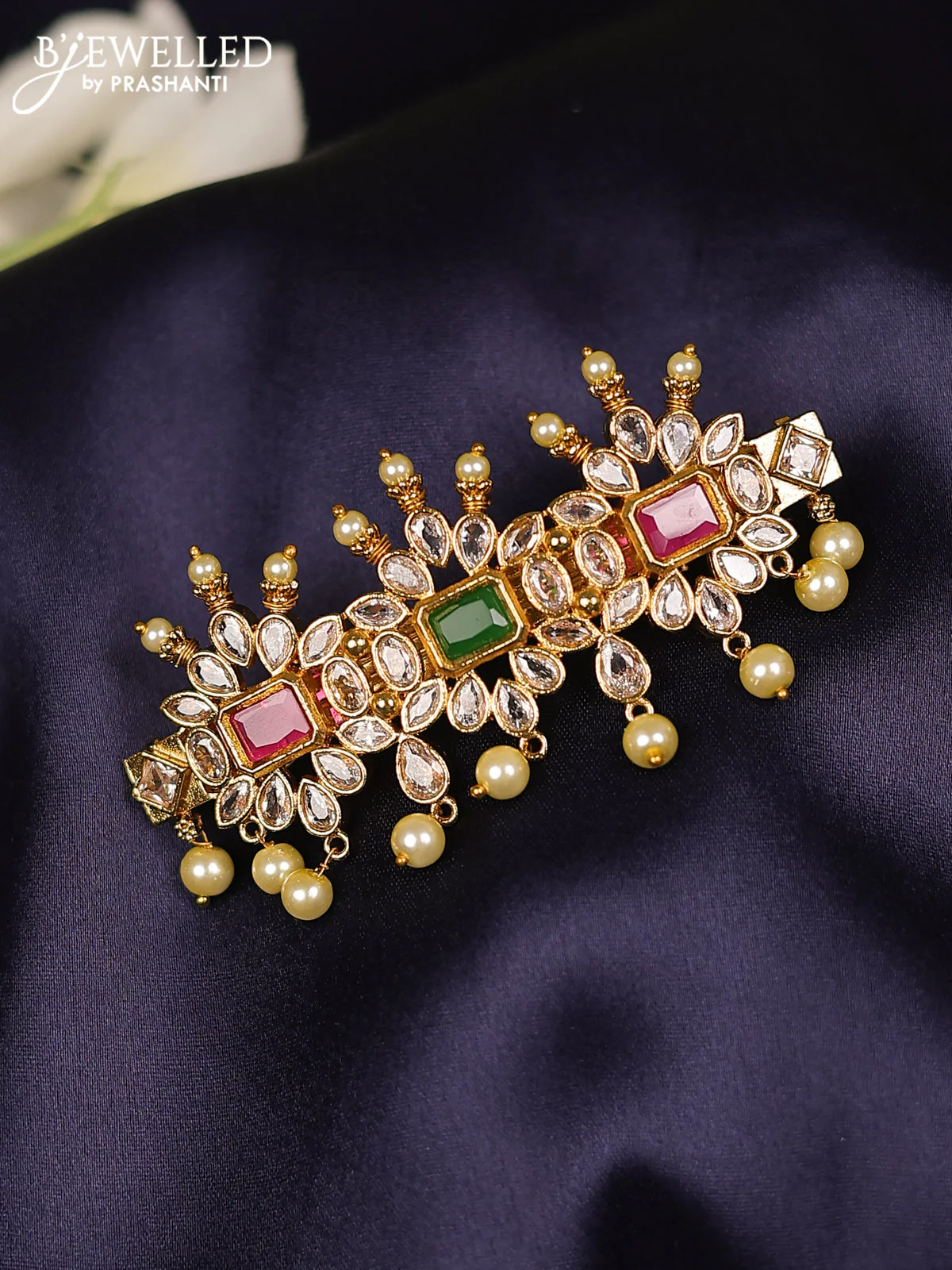 Antique hair clips medium size with kemp & cz stones and pearl hangings
