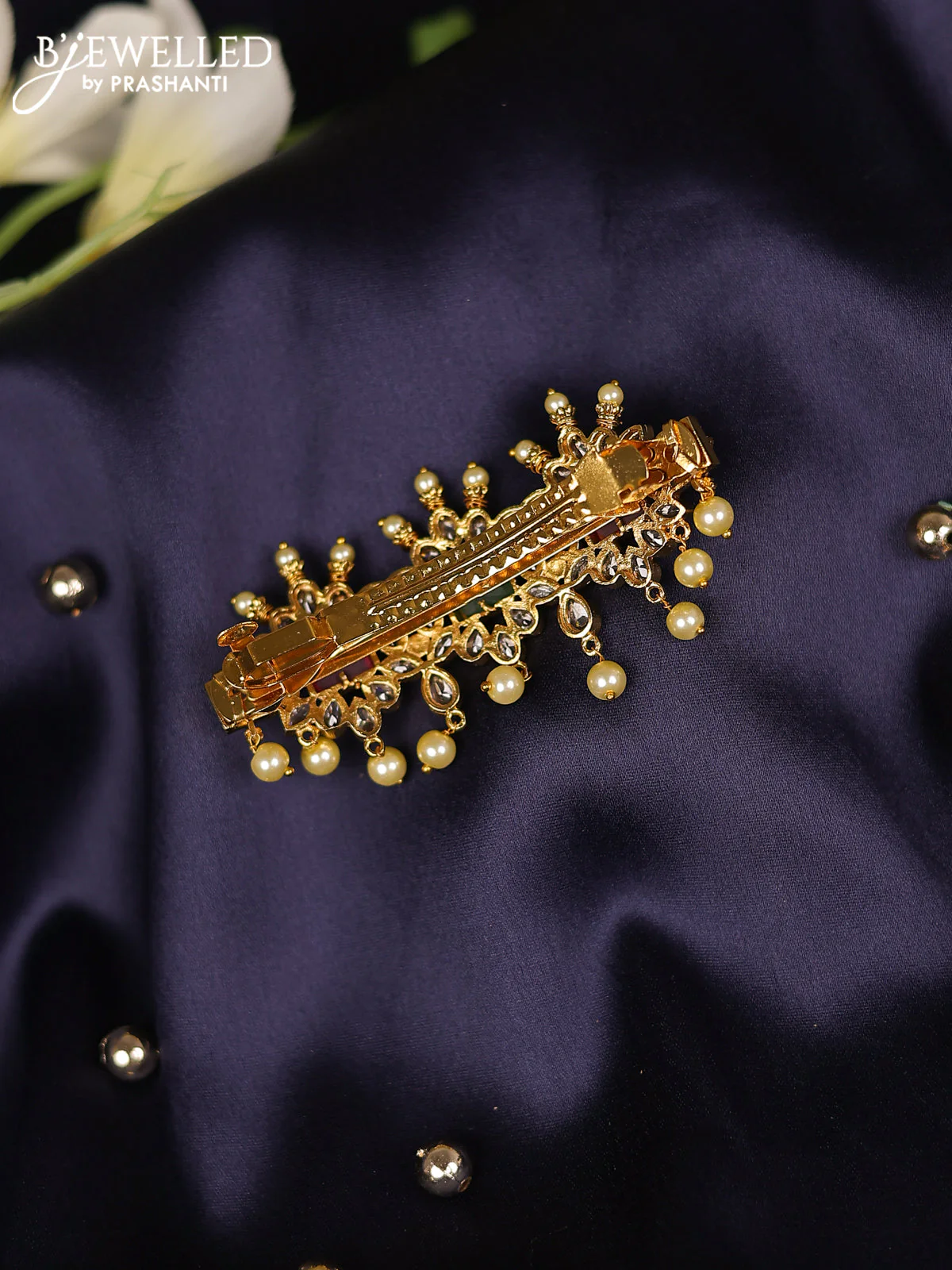 Antique hair clips medium size with kemp & cz stones and pearl hangings - Image 2