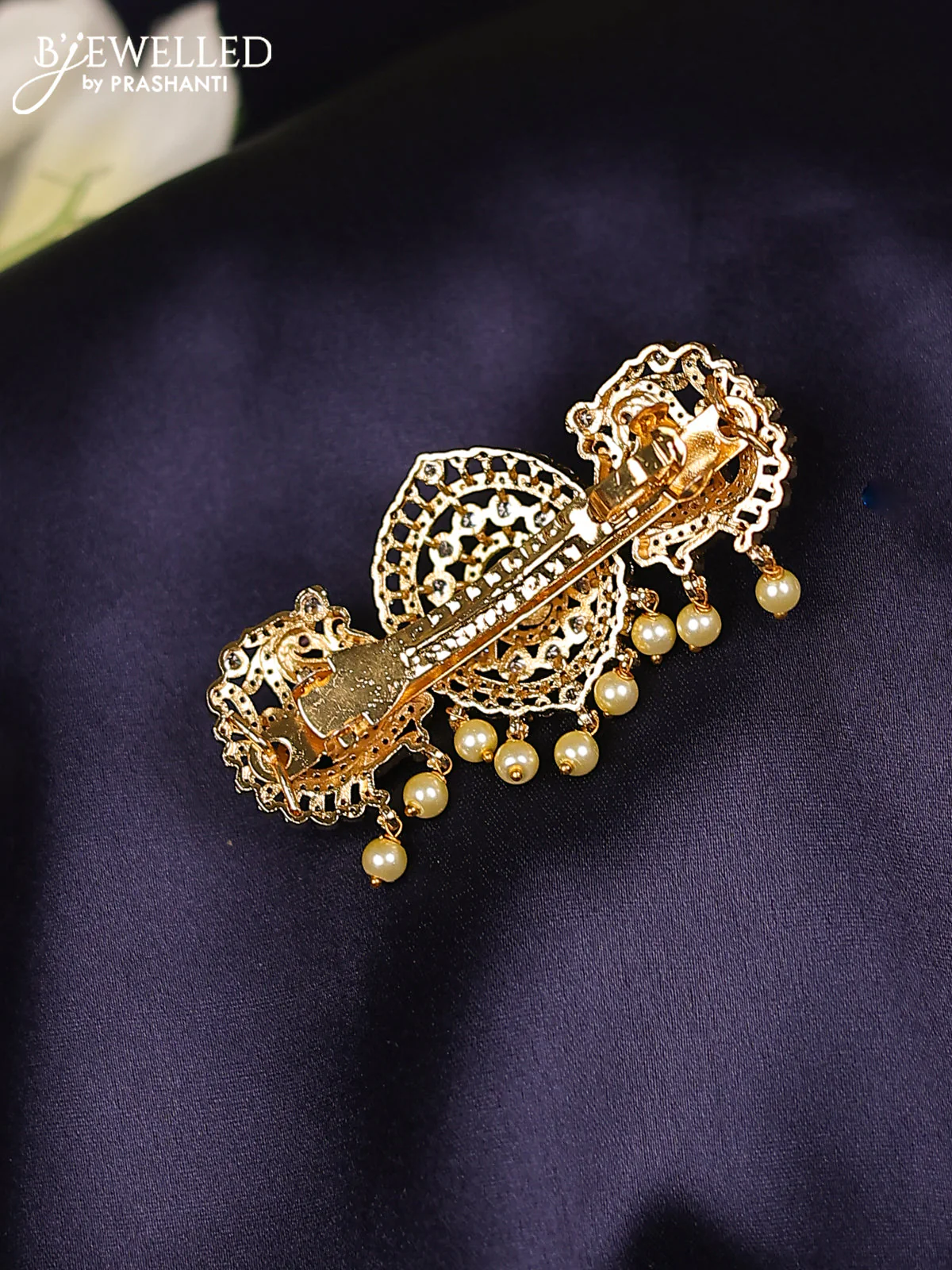 Antique hair clips small size with kemp & cz stones and pearl hangings - Image 2