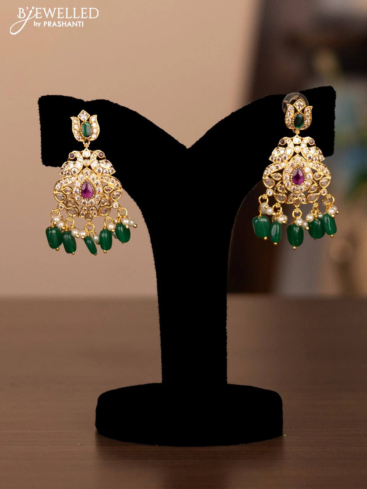 Antique haram double peacock design with cz stones and pearl beads hanging - Image 2