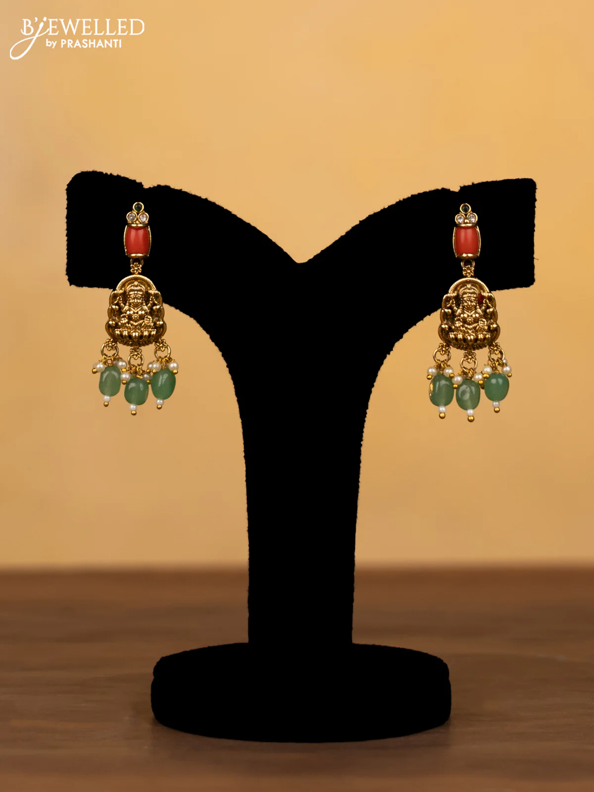 Antique haram lakshmi and flower design with pavalam & cz stones and green beads hangings - Image 2