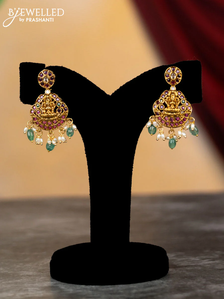 Antique haram lakshmi & manga design with kemp & cz stones and pearl & green beads hangings - Image 2