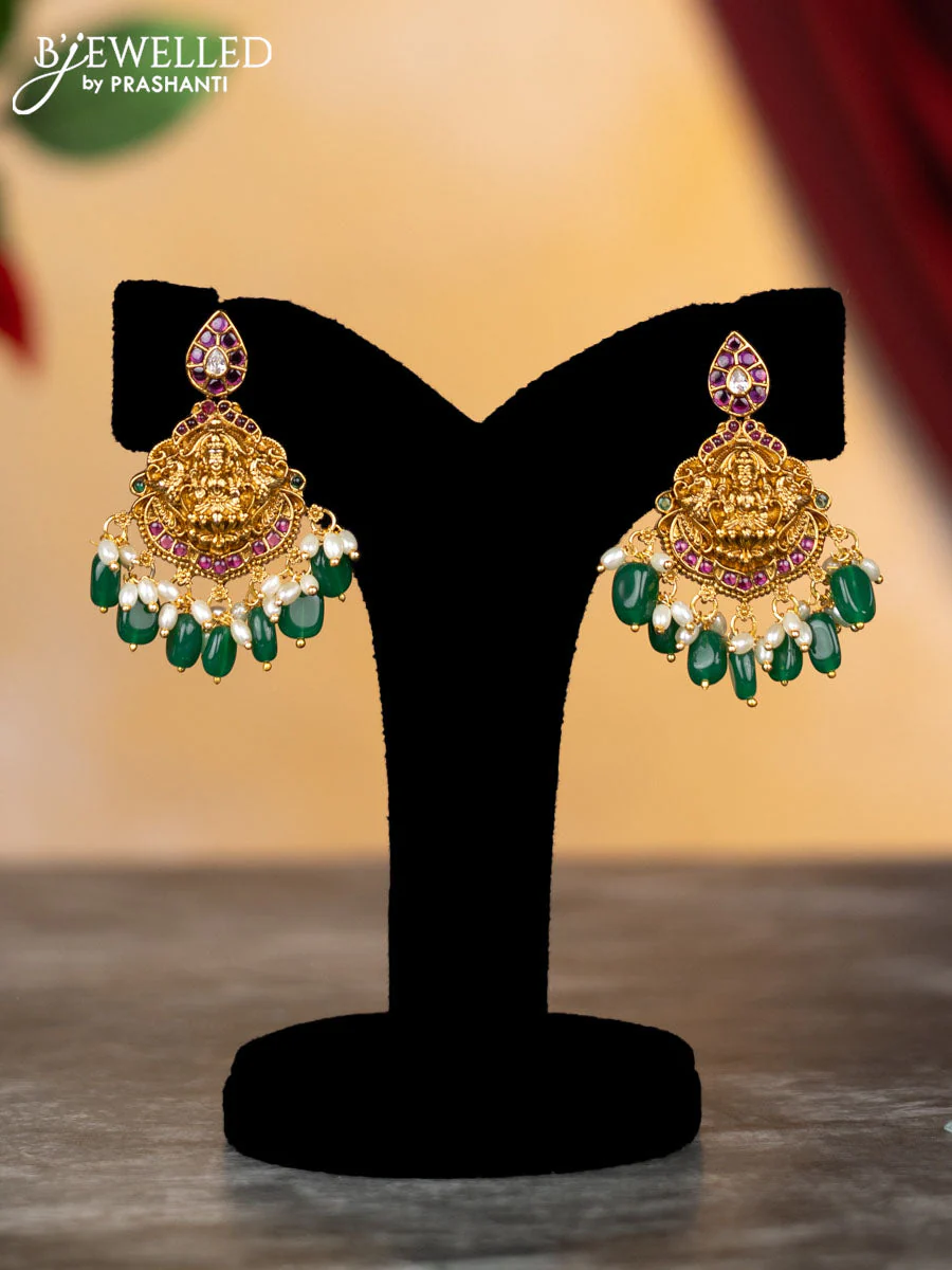 Antique haram lakshmi & manga design with kemp & cz stones and pearl & green beads hangings - Image 2