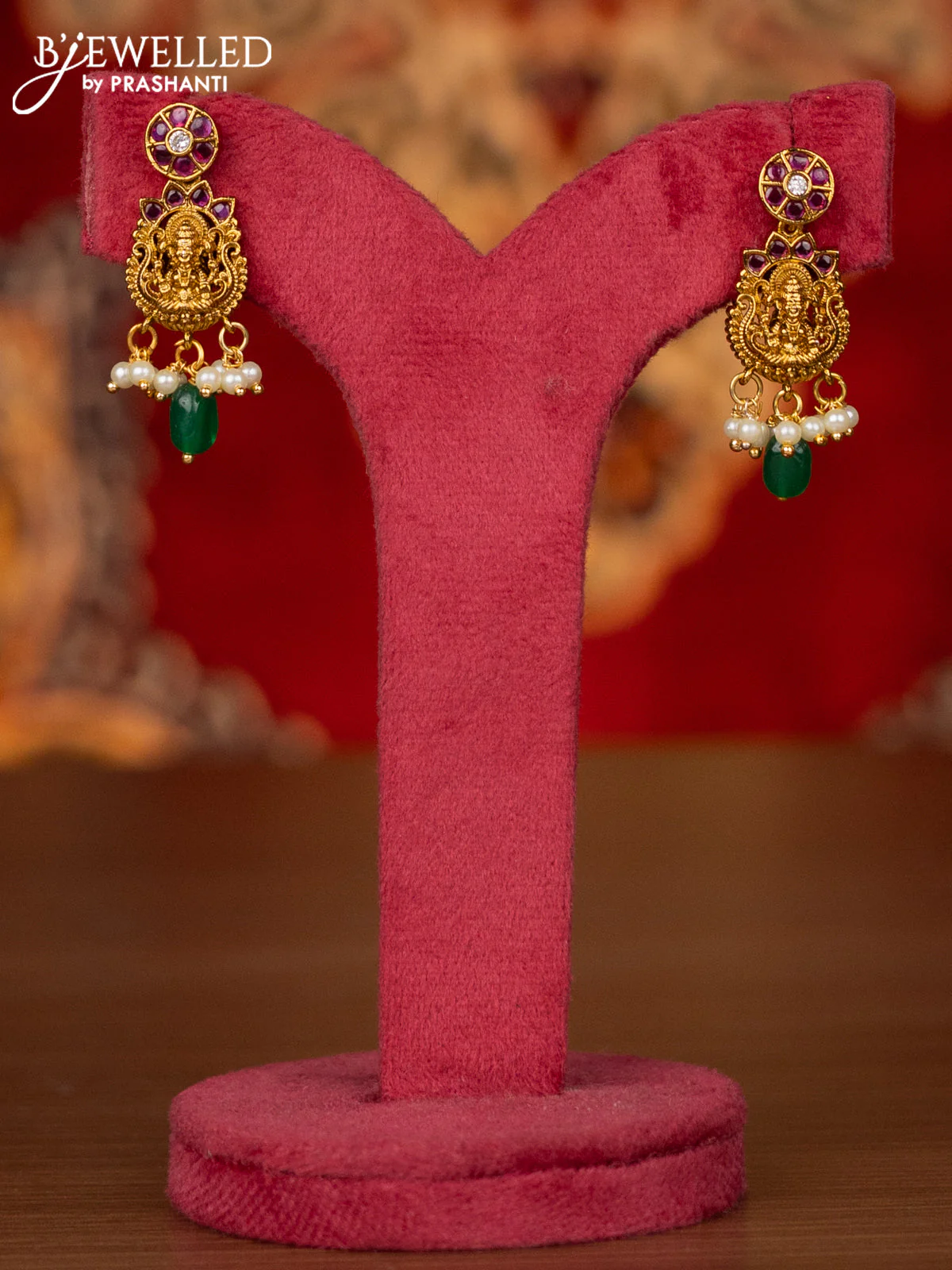 Antique haram lakshmi & manga pattern with kemp & cz stones and pearl & green beads hangings - Image 2