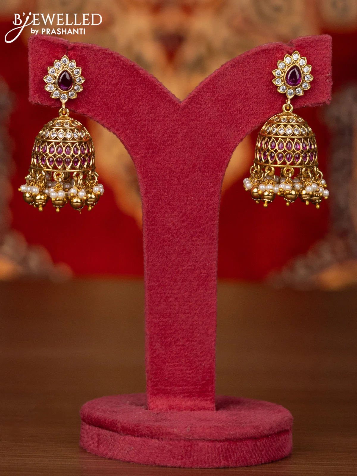 Antique haram manga pattern with pink kemp & cz stones and pearl & golden beads hangings - Image 2