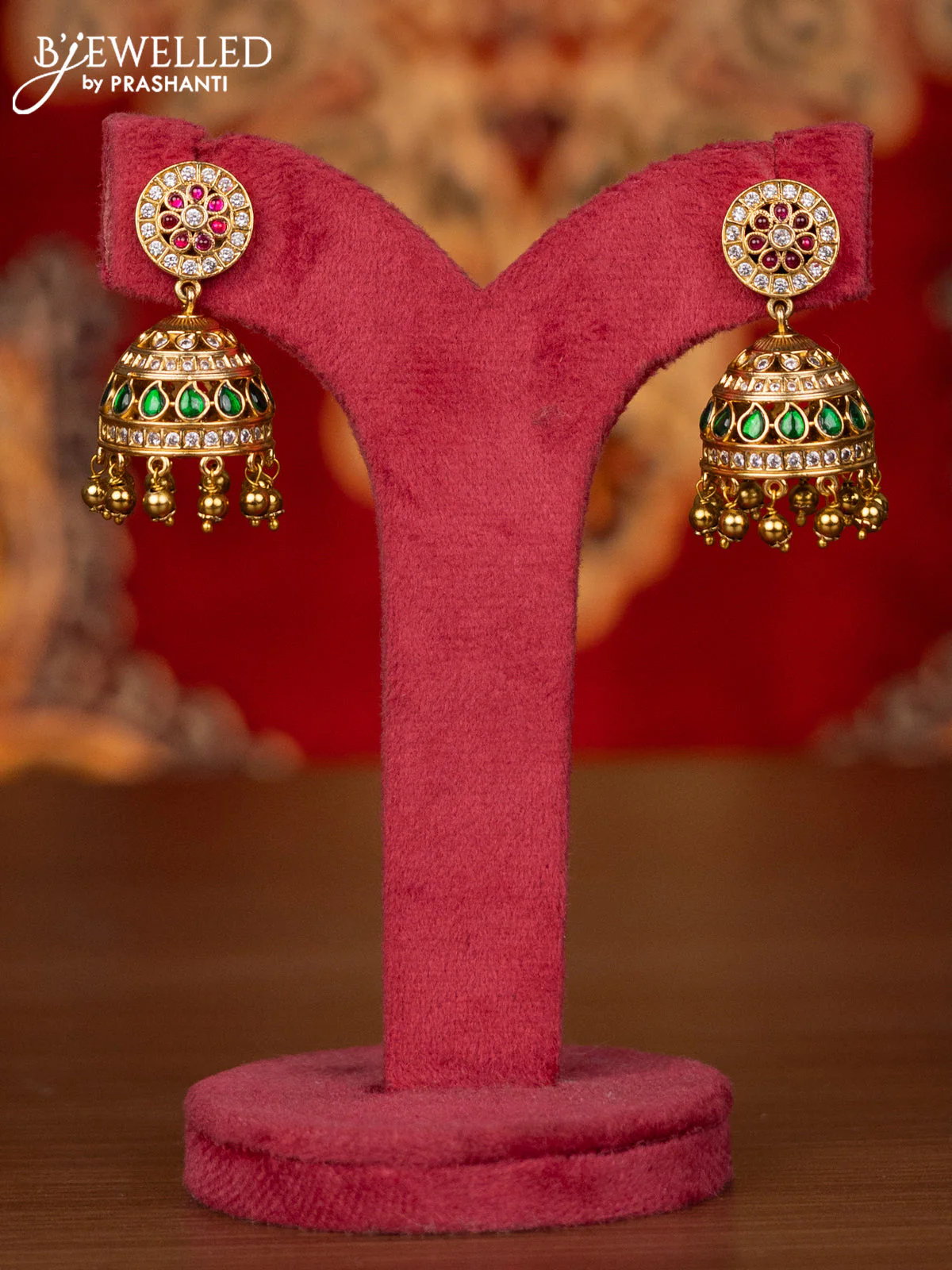 Antique haram peacock pendant with jadau kemp & cz stone and golden beads hanging - Image 2