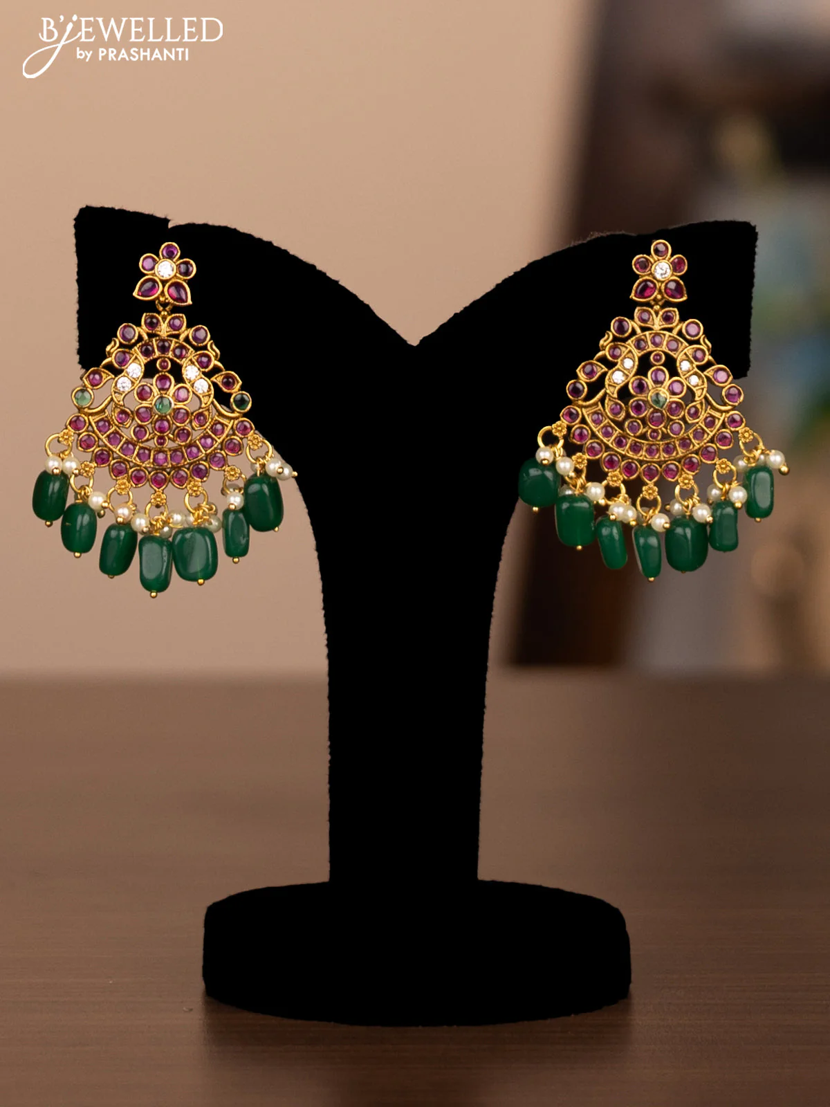 Antique Haram with maanga and double peacock design with kemp and pearl hangings - Image 2