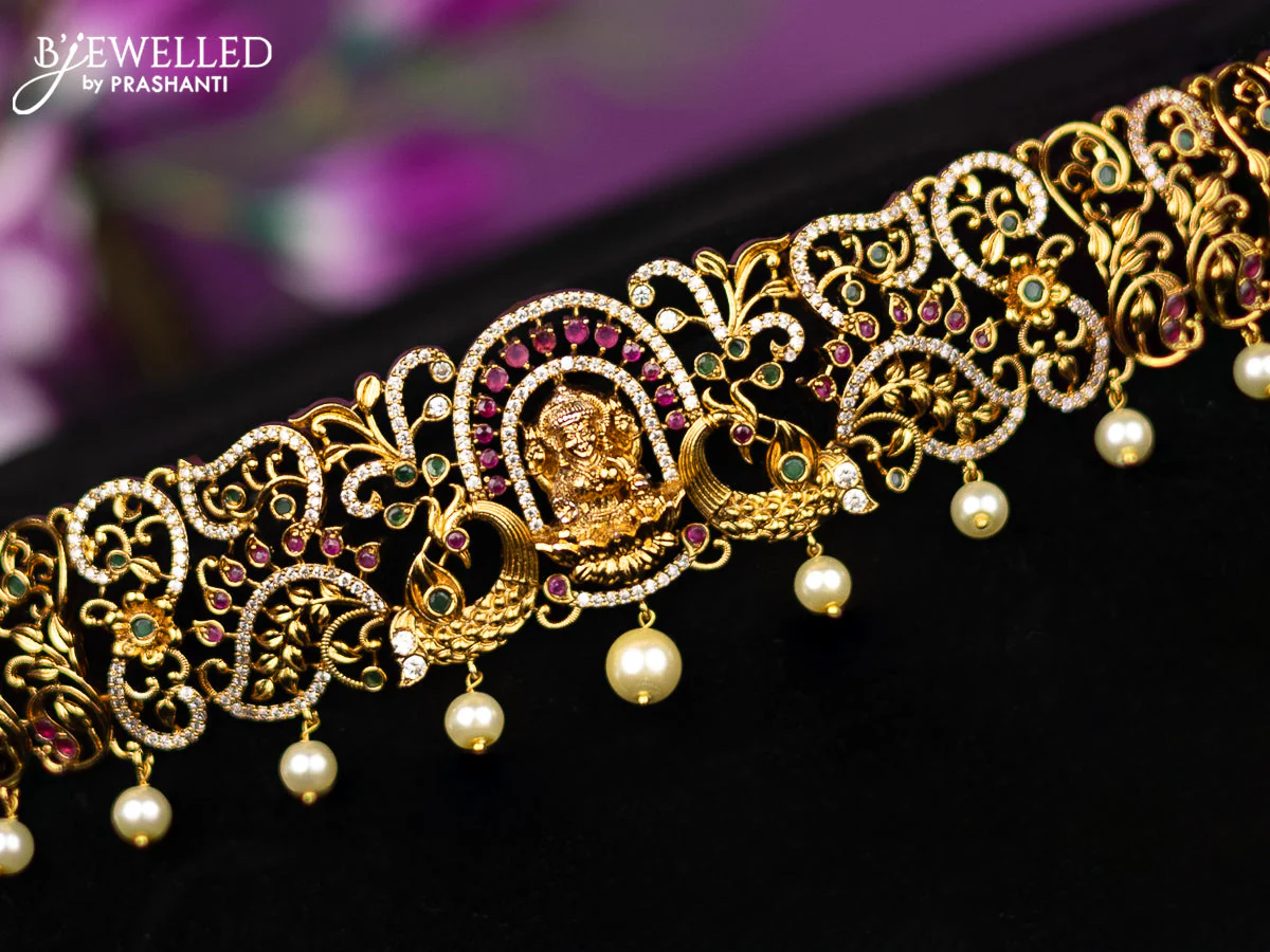 Antique hip belt lakshmi design with kemp & cz stones and pearl hangings - Image 2