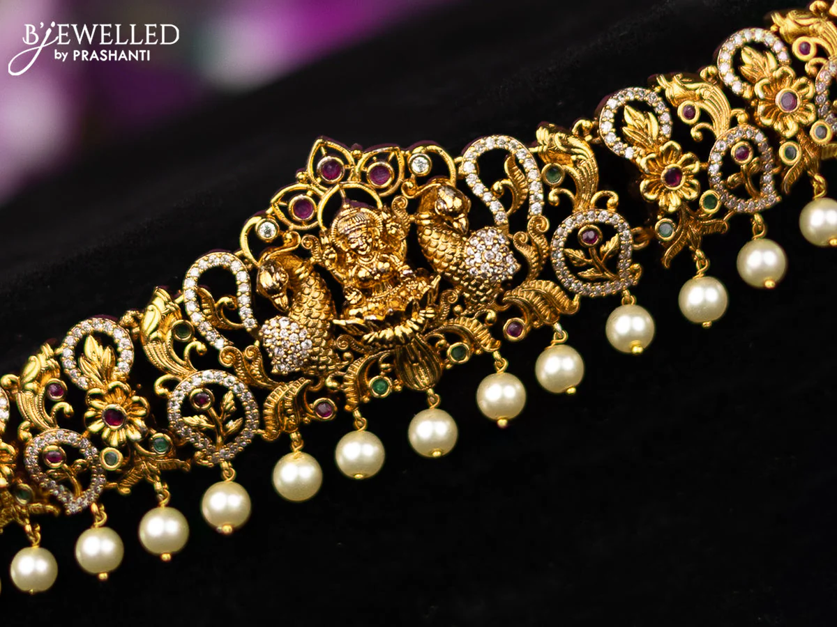 Antique hip belt lakshmi design with kemp & cz stones and pearl hangings - Image 2