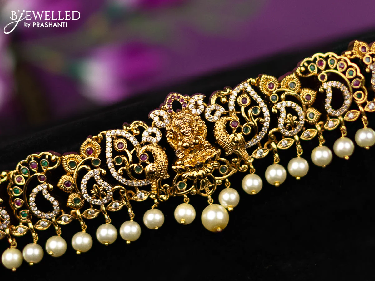 Antique hip belt lakshmi design with kemp & cz stones and pearl hangings - Image 2