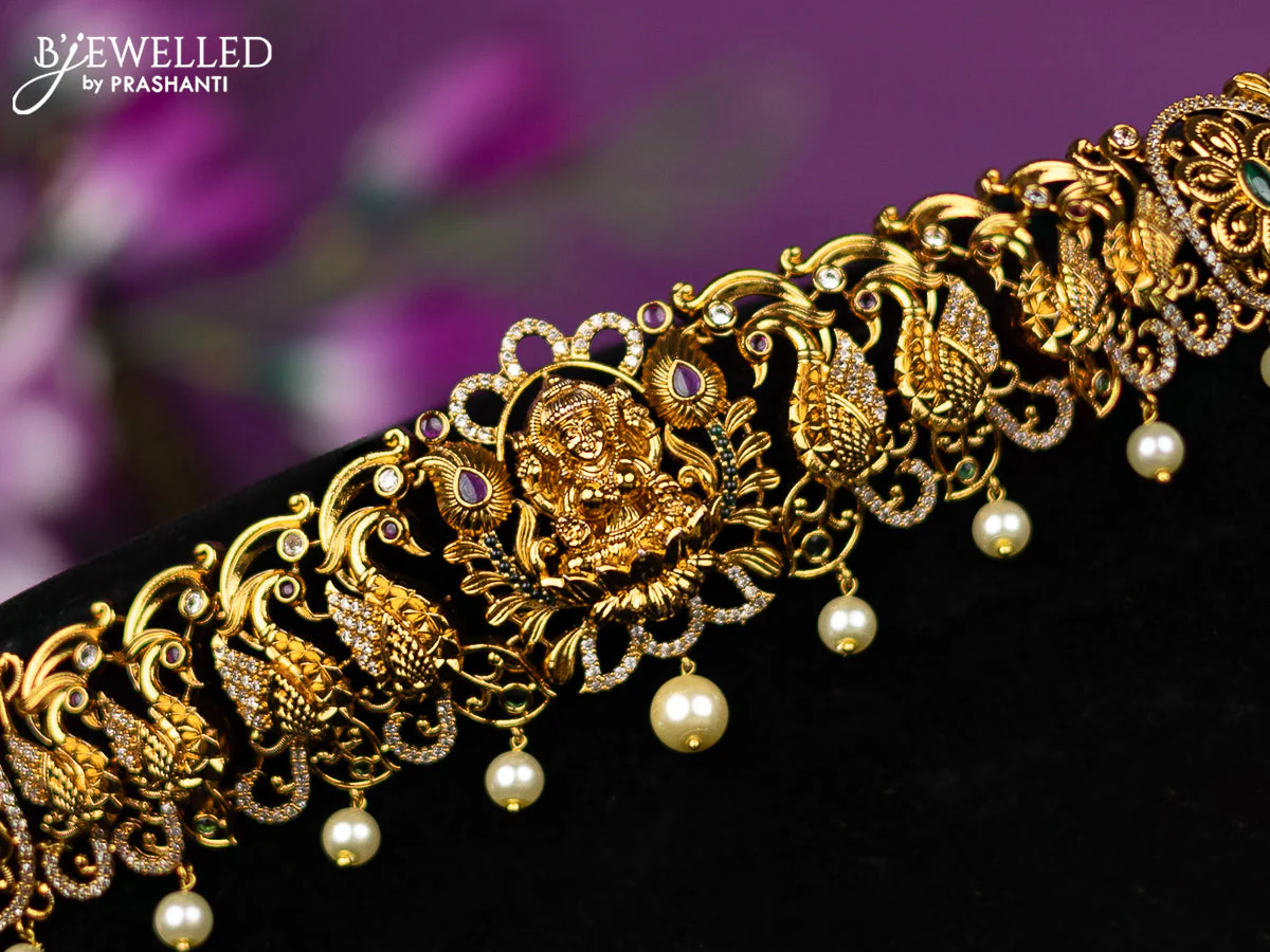 Antique hip belt lakshmi & peacock design with kemp and cz stones and pearl hangings - Image 2