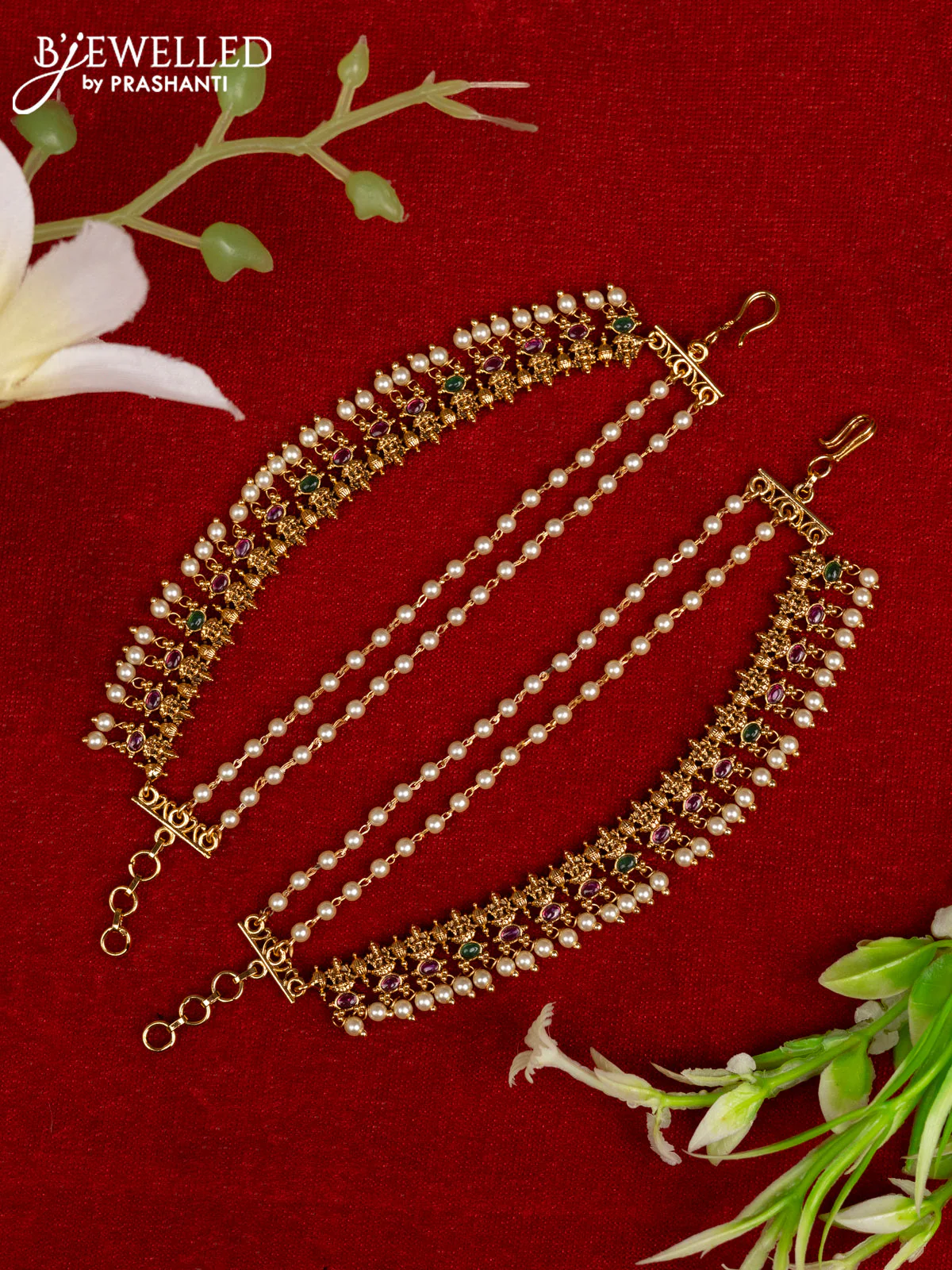 Antique mattal triple layer lakshmi design with kemp stones and golden beads hangings