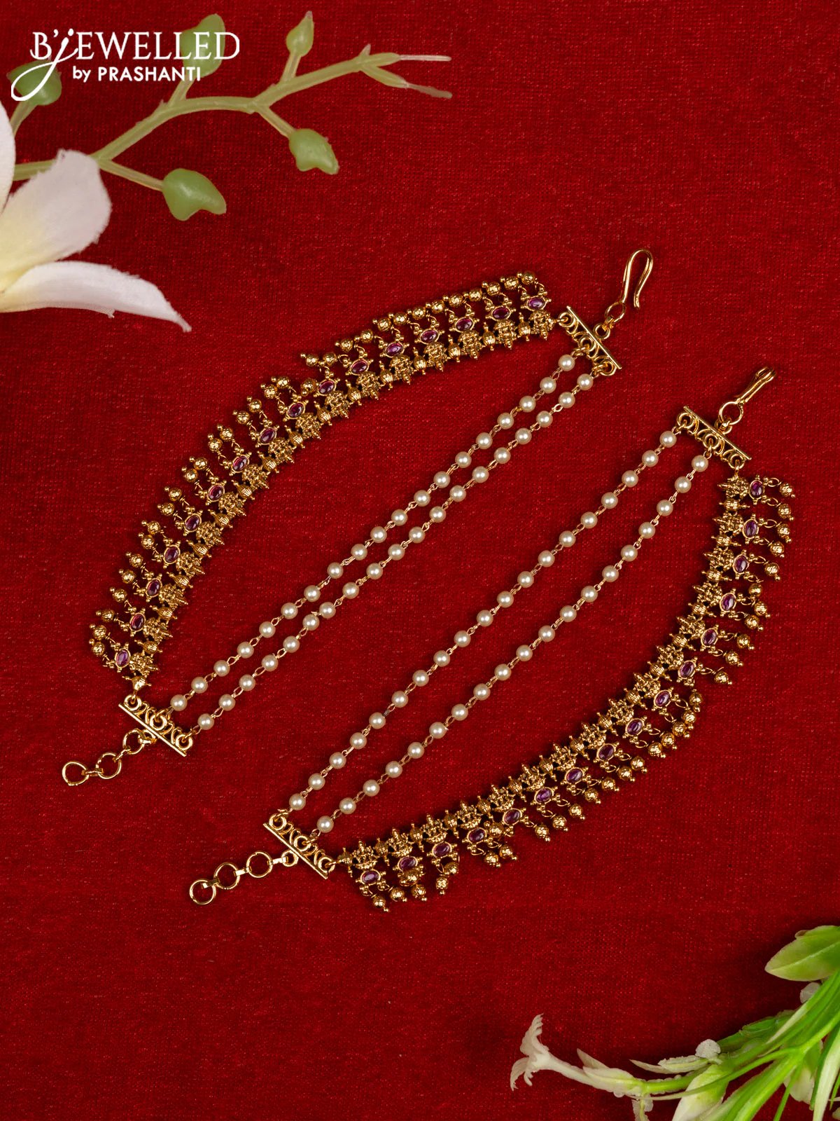 Antique mattal triple layer lakshmi design with ruby stones and golden beads hangings