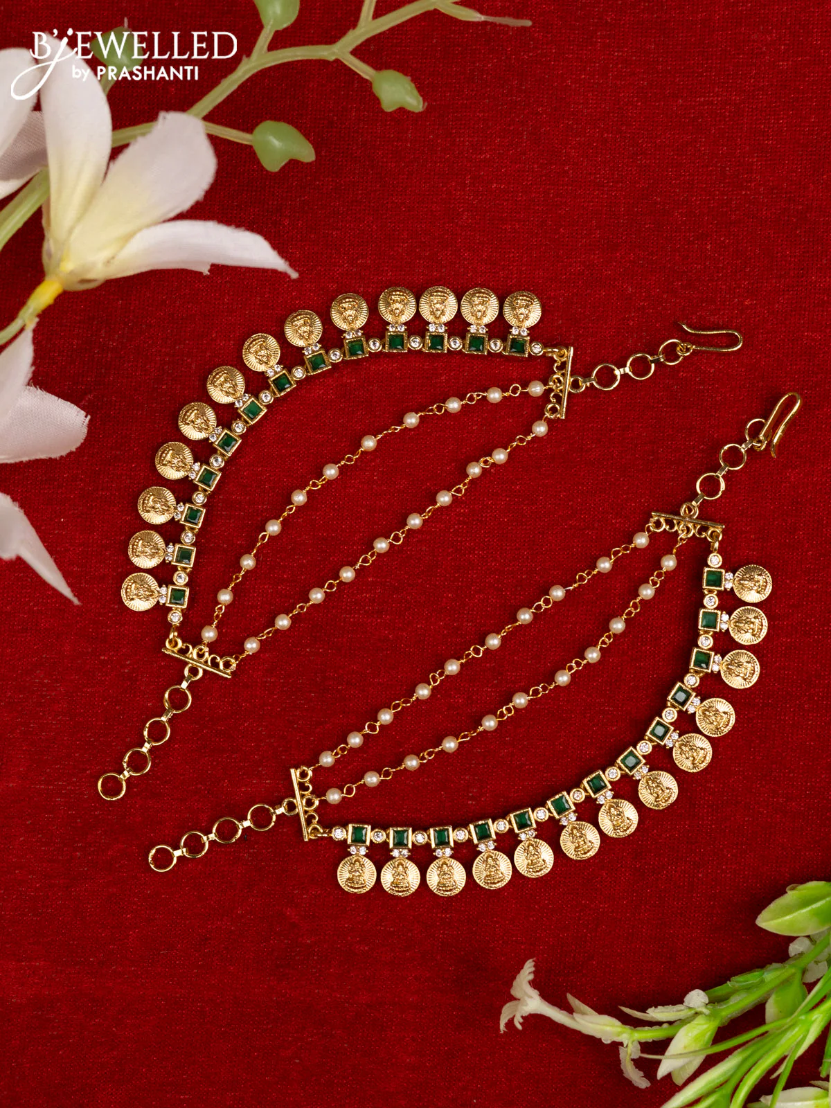 Antique mattal triple layer with lakshmi kasu design and emerald & cz stones