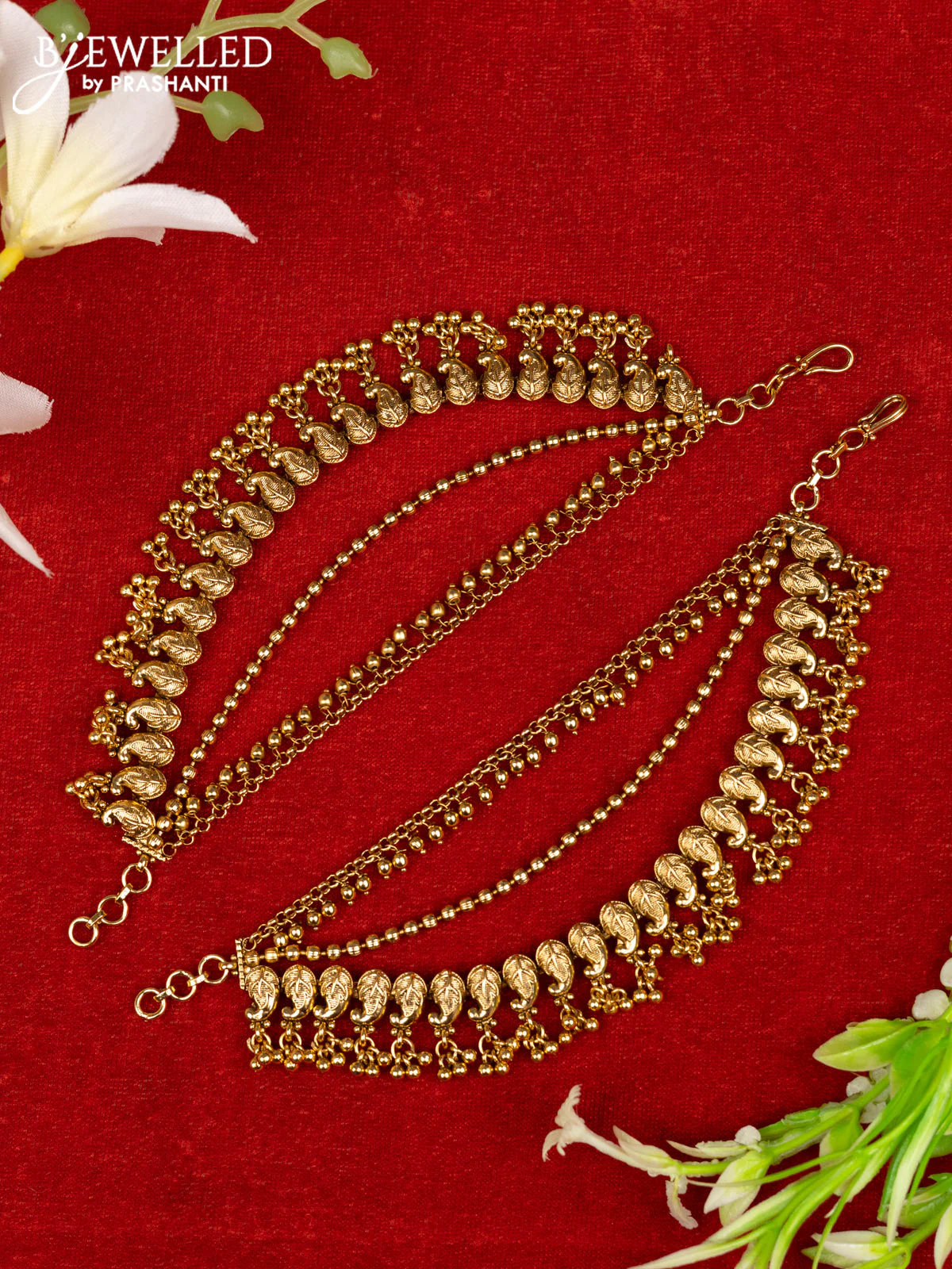 Antique mattal triple layer with manga pattern and golden beads hangings