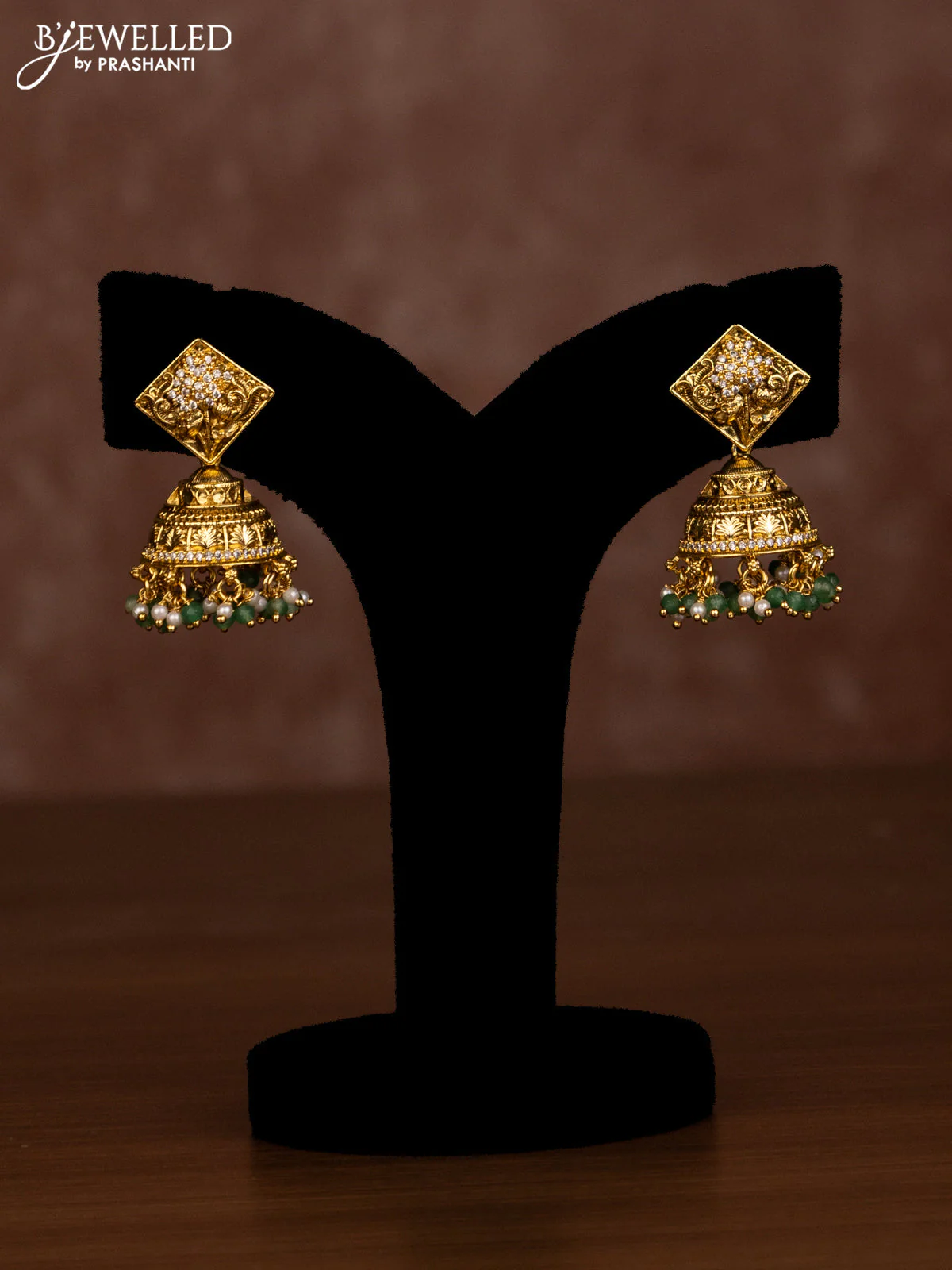 Antique necklace elephant design with jadau kundan stones and green beads hanging - Image 2