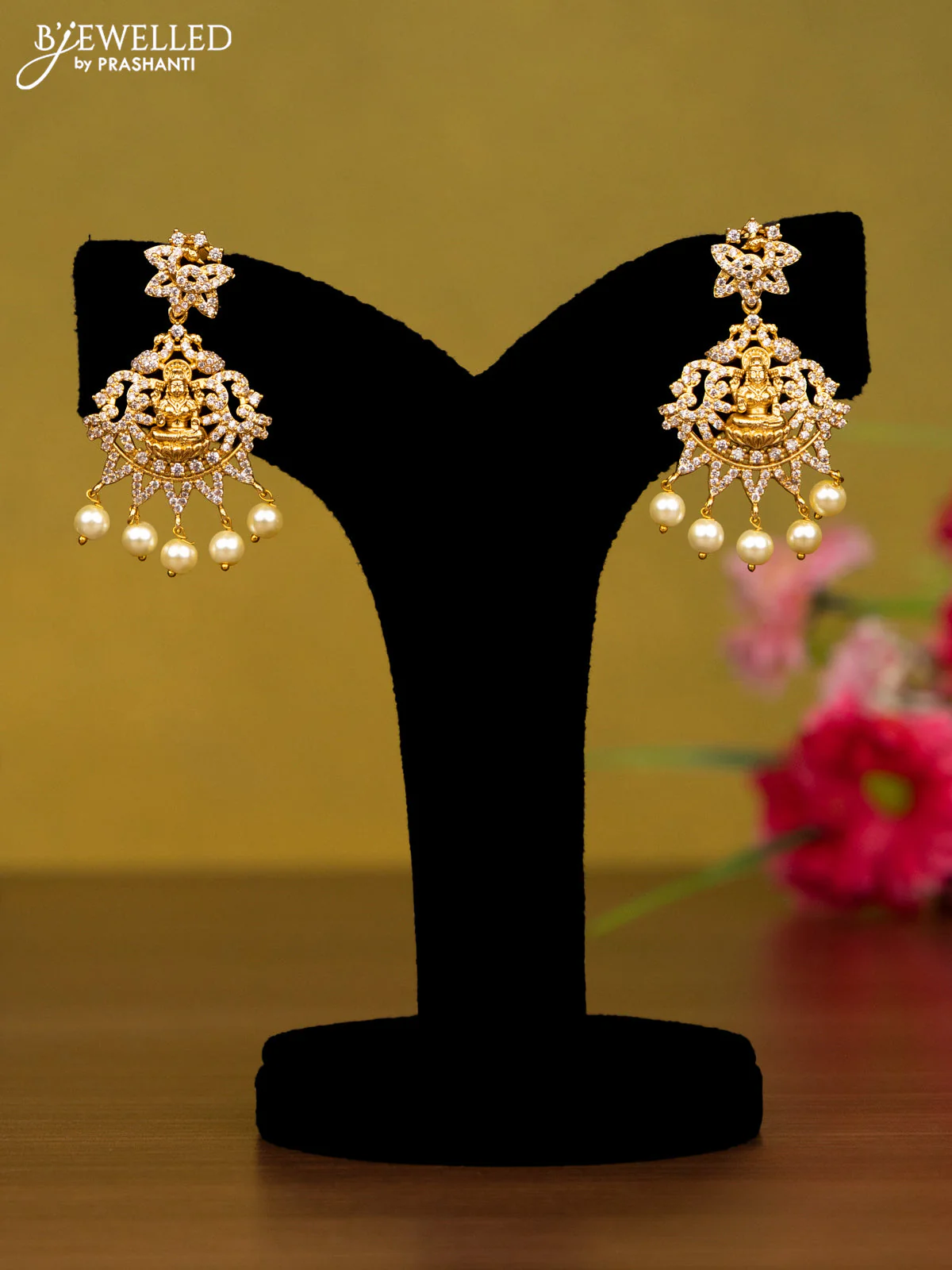 Antique necklace lakshmi design with cz stones and pearl hangings - Image 2