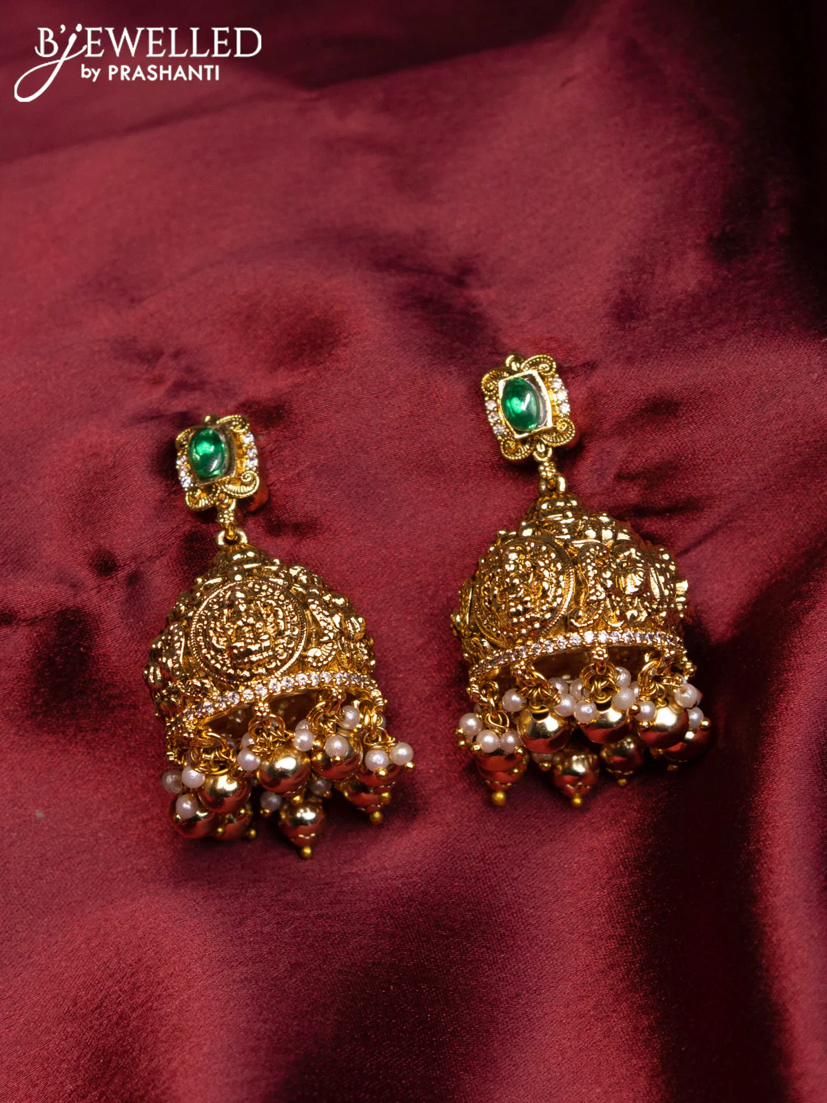 Antique necklace lakshmi design with emerald & cz stones and golden beads hangings - Image 2