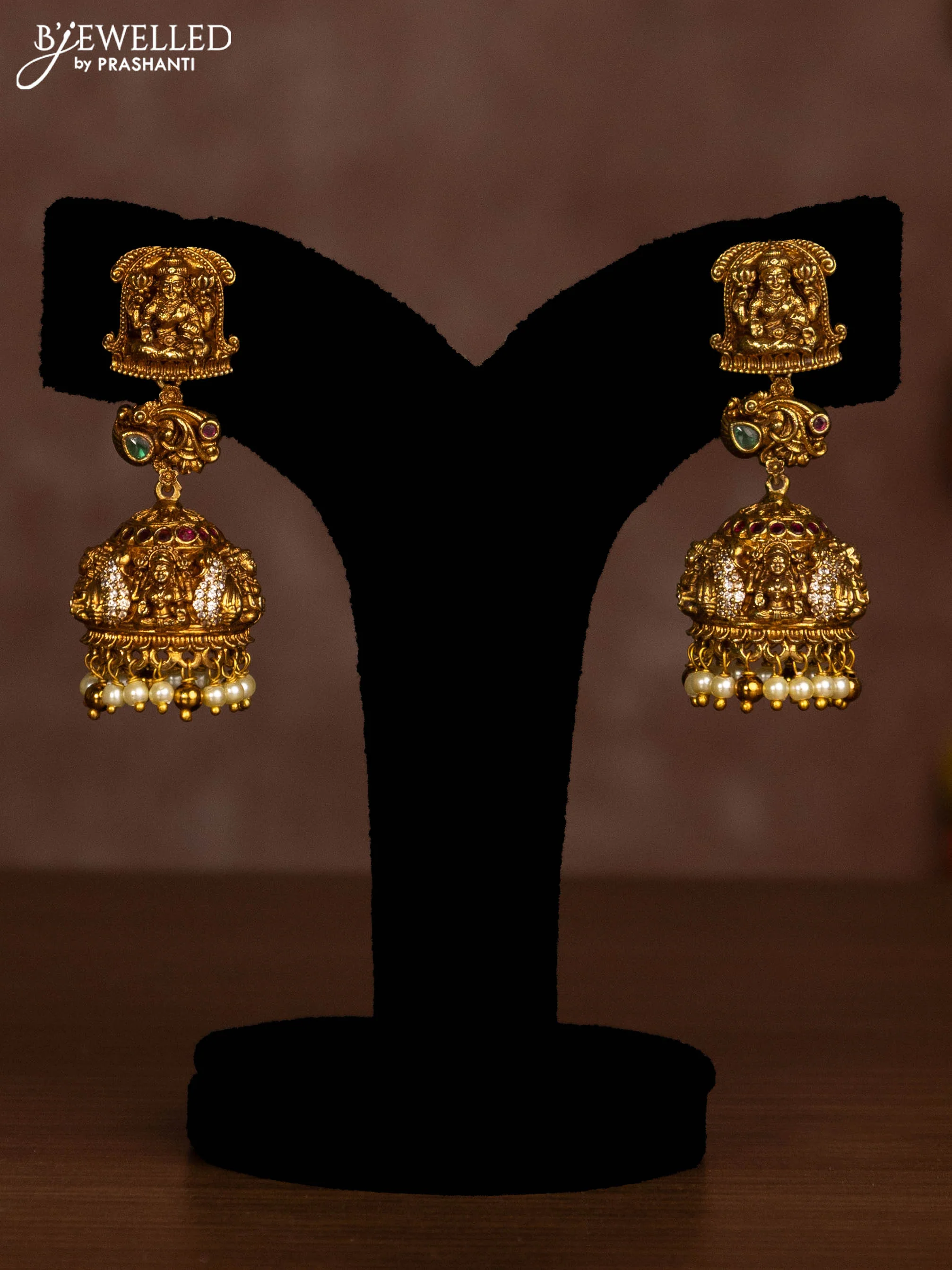 Antique necklace lakshmi design with jadau & cz stones and pearl hangings - Image 2