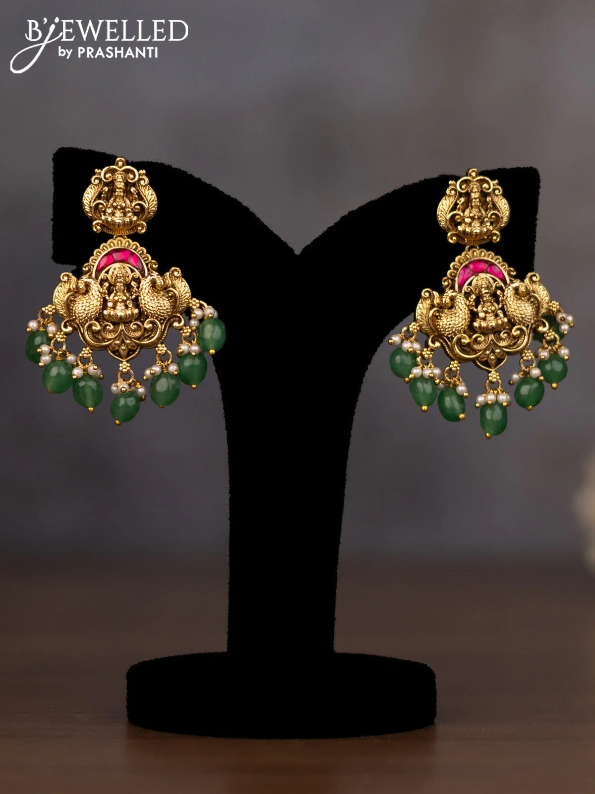 Antique necklace lakshmi design with jadau stones and green beads hanging - Image 2