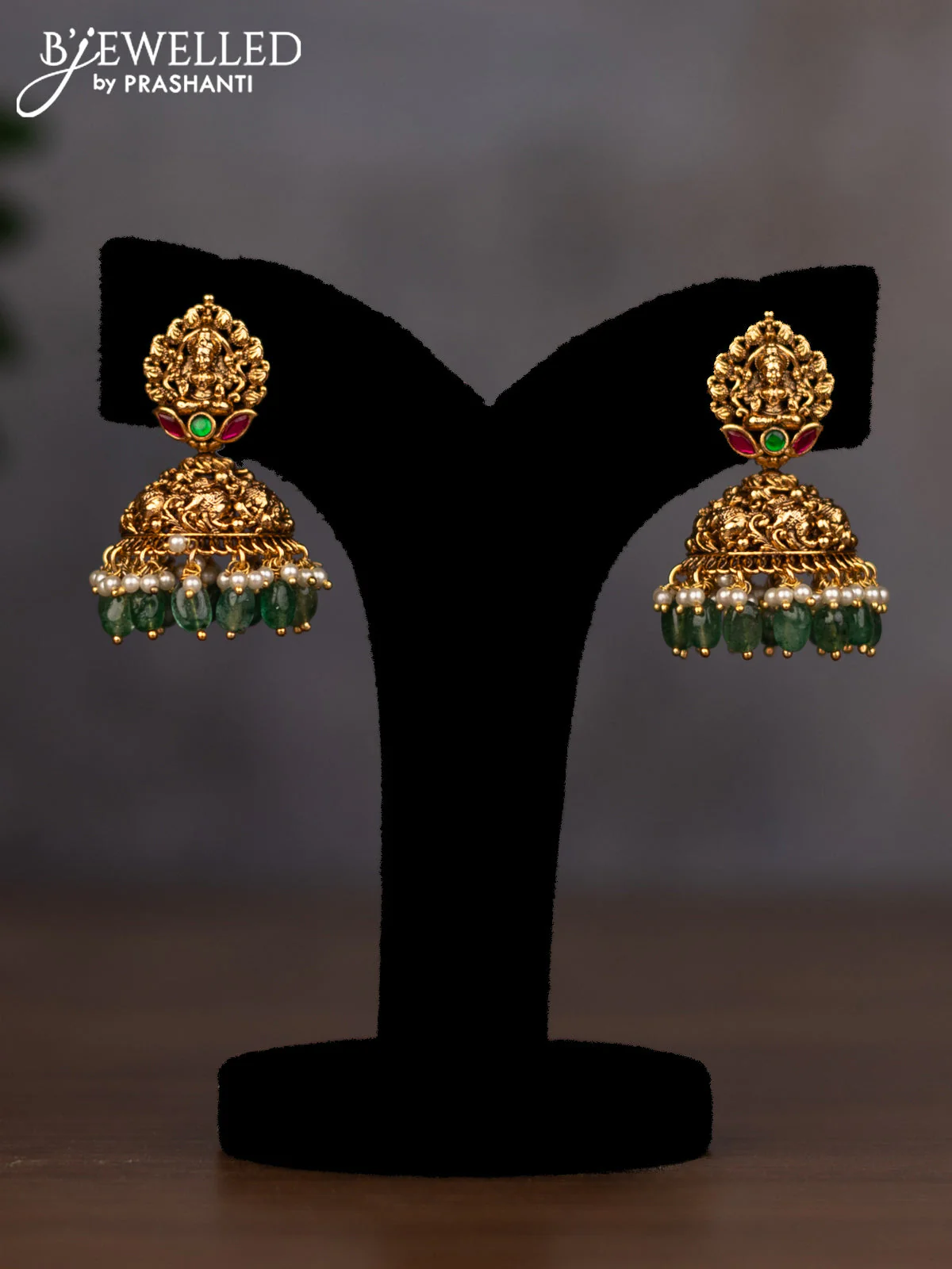 Antique necklace lakshmi design with jadau stones and green beads hanging - Image 2