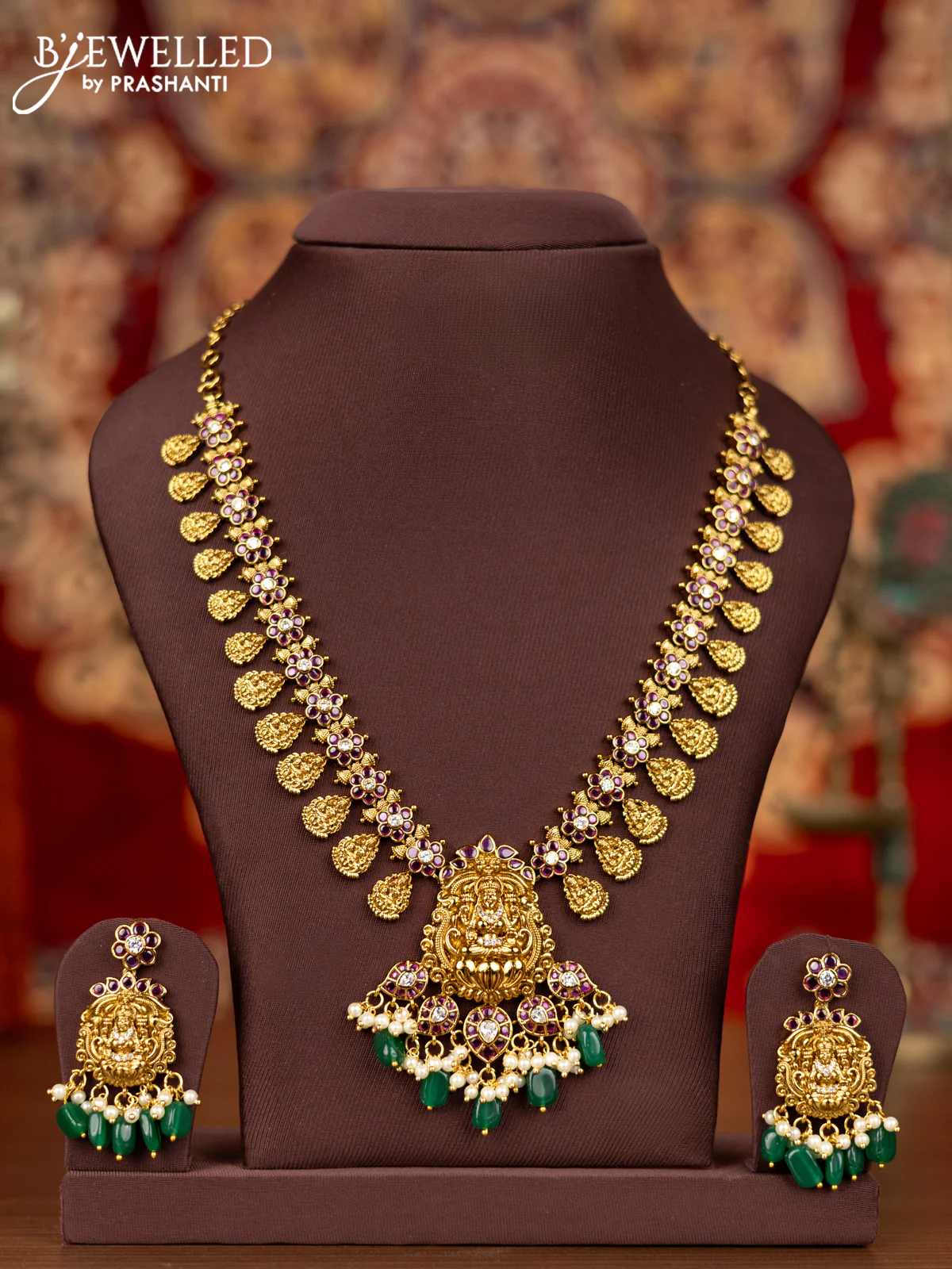 Antique necklace lakshmi design with kemp & cz stones and pearl & green beads hangings