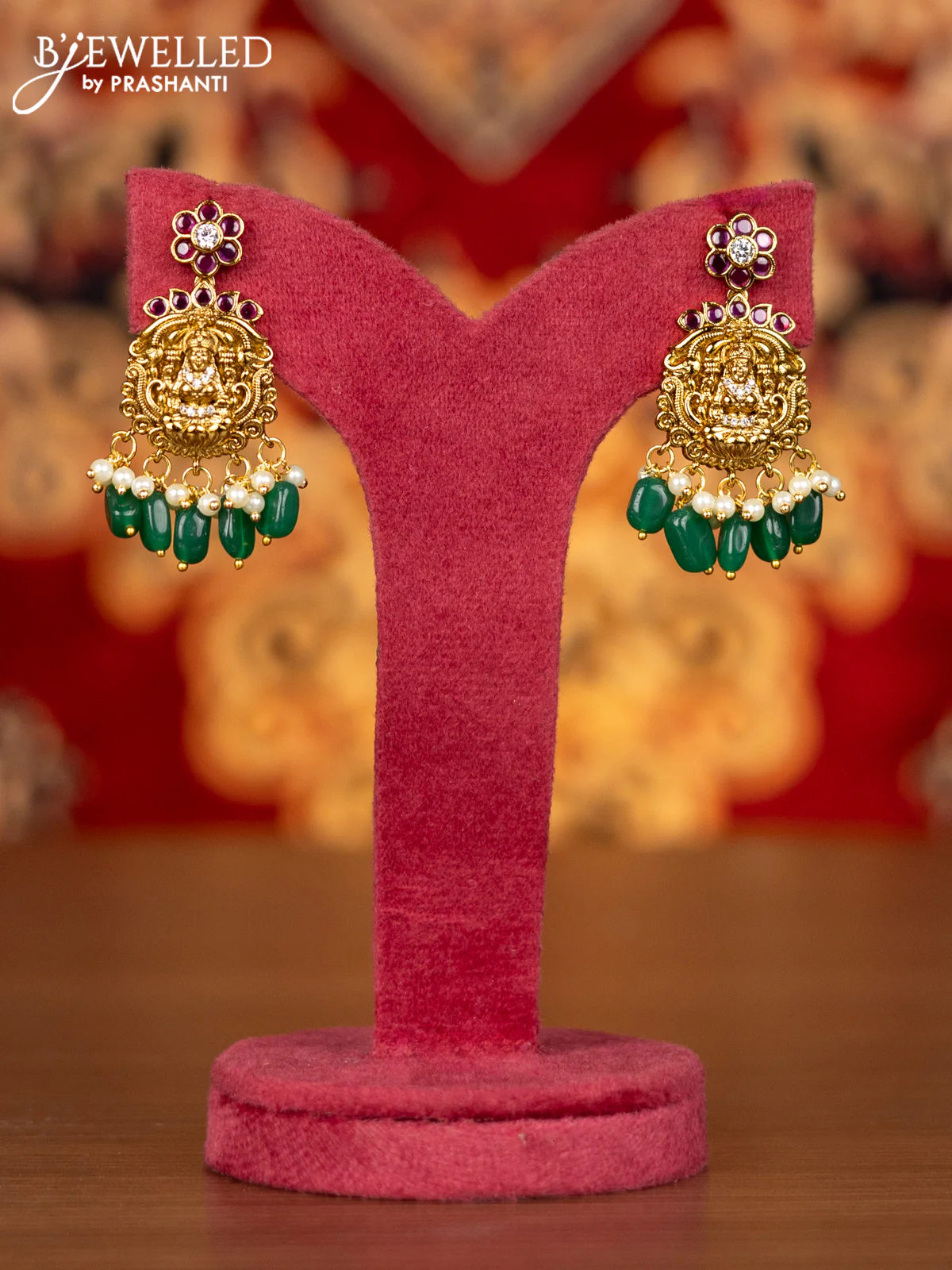 Antique necklace lakshmi design with kemp & cz stones and pearl & green beads hangings - Image 2
