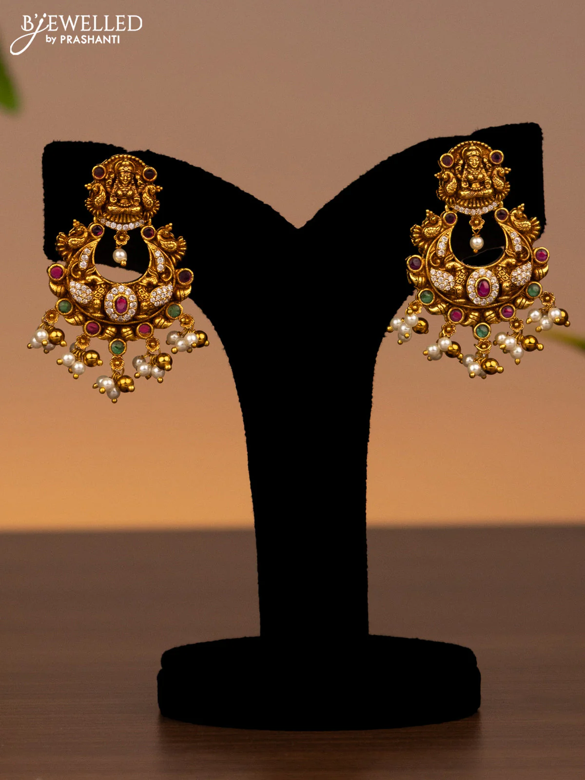 Antique necklace lakshmi design with kemp & cz stones and pearl hangings - Image 2