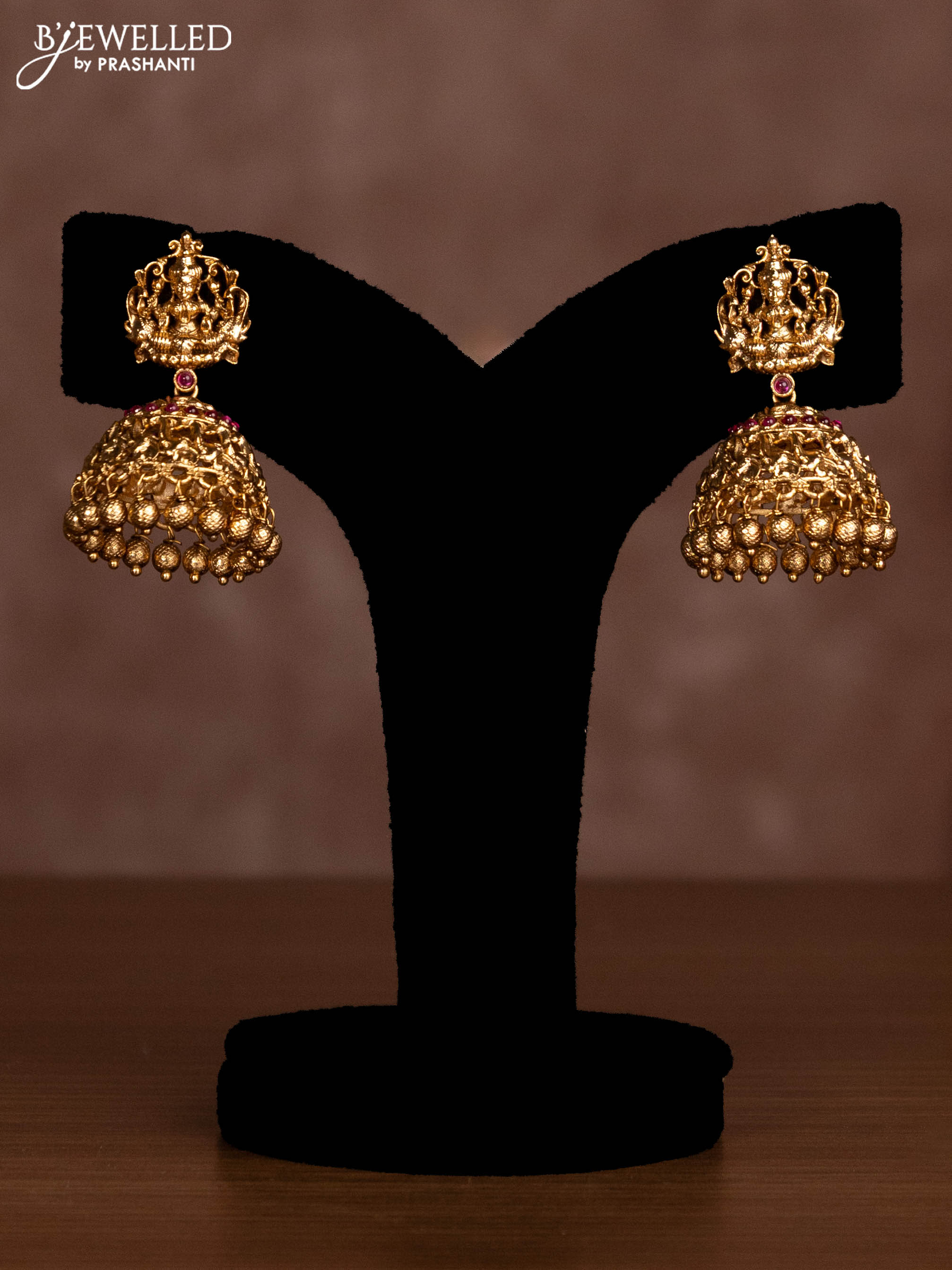 Antique necklace lakshmi design with pink jadau stones and golden beads hanging - Image 2