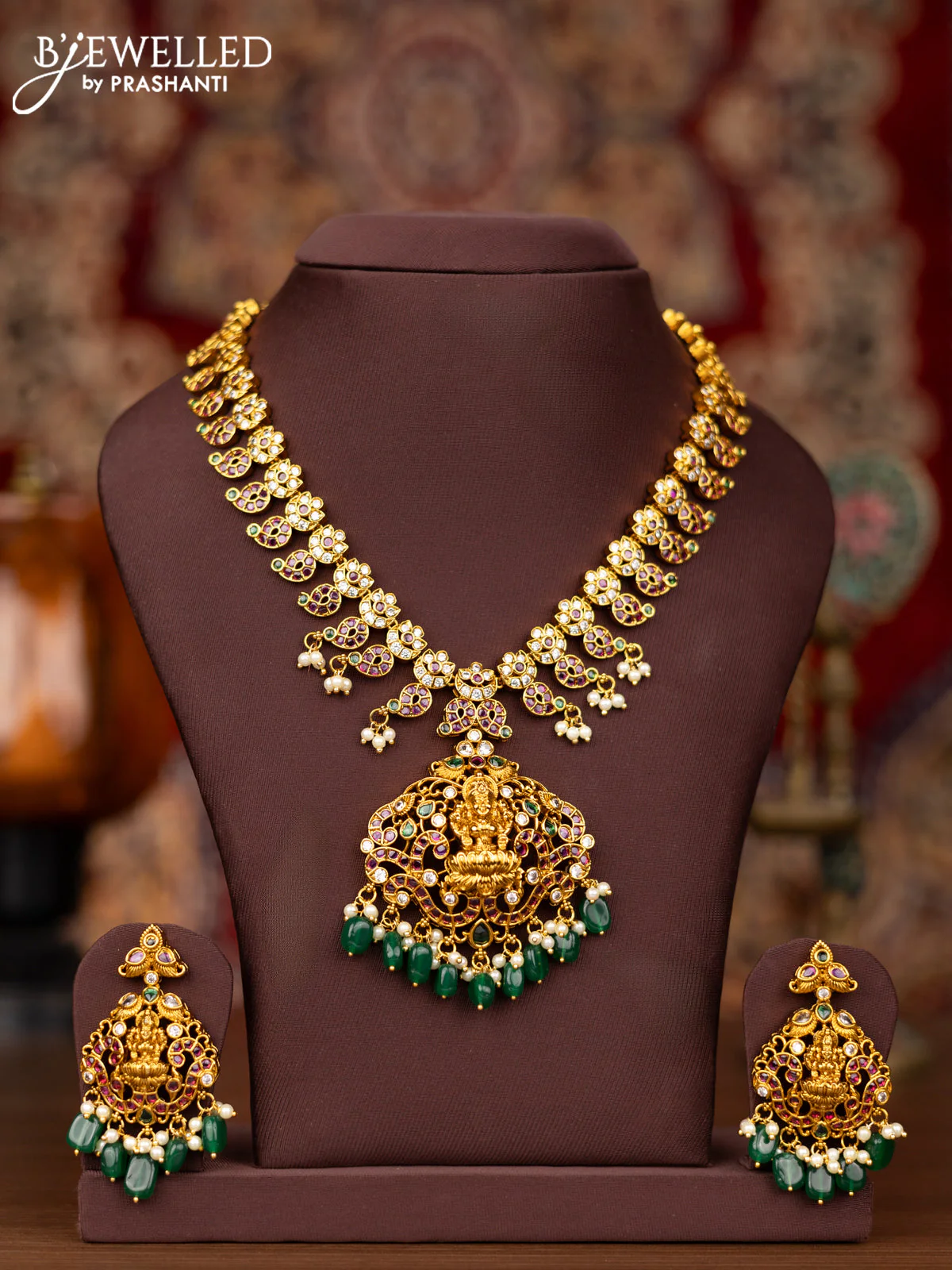Antique necklace lakshmi & manga design with kemp & cz stones and pearl & green beads hangings