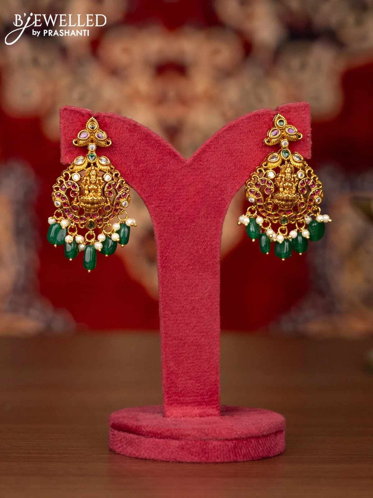 Antique necklace lakshmi & manga design with kemp & cz stones and pearl & green beads hangings - Image 2
