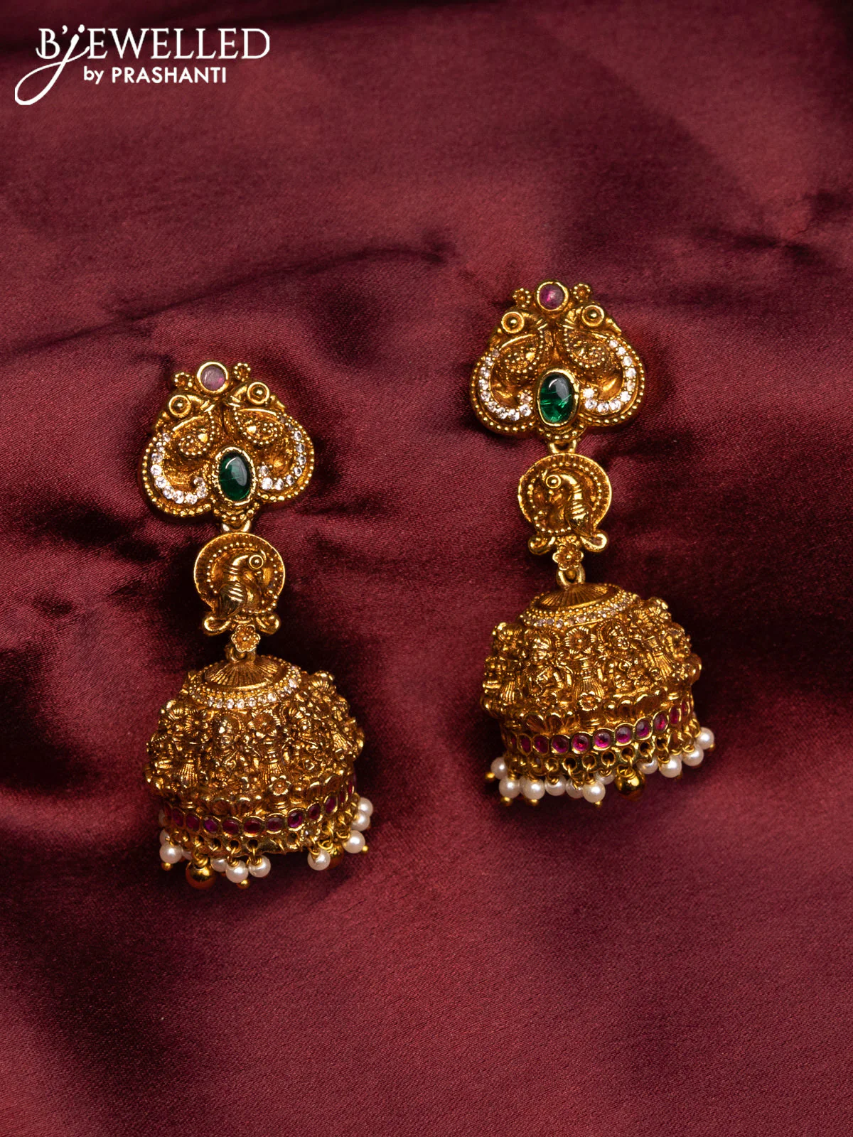 Antique necklace lakshmi & peacock design with kemp & cz stones and pearl hangings - Image 2