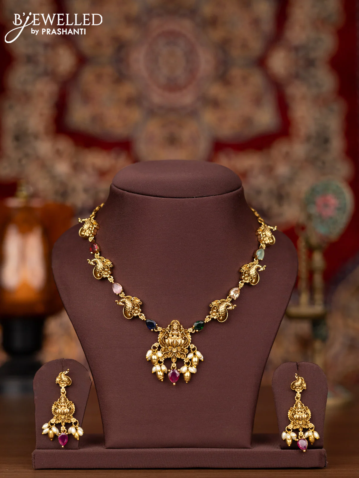 Antique necklace lakshmi & peacock design with multicolour stones and pearl & golden beads hangings