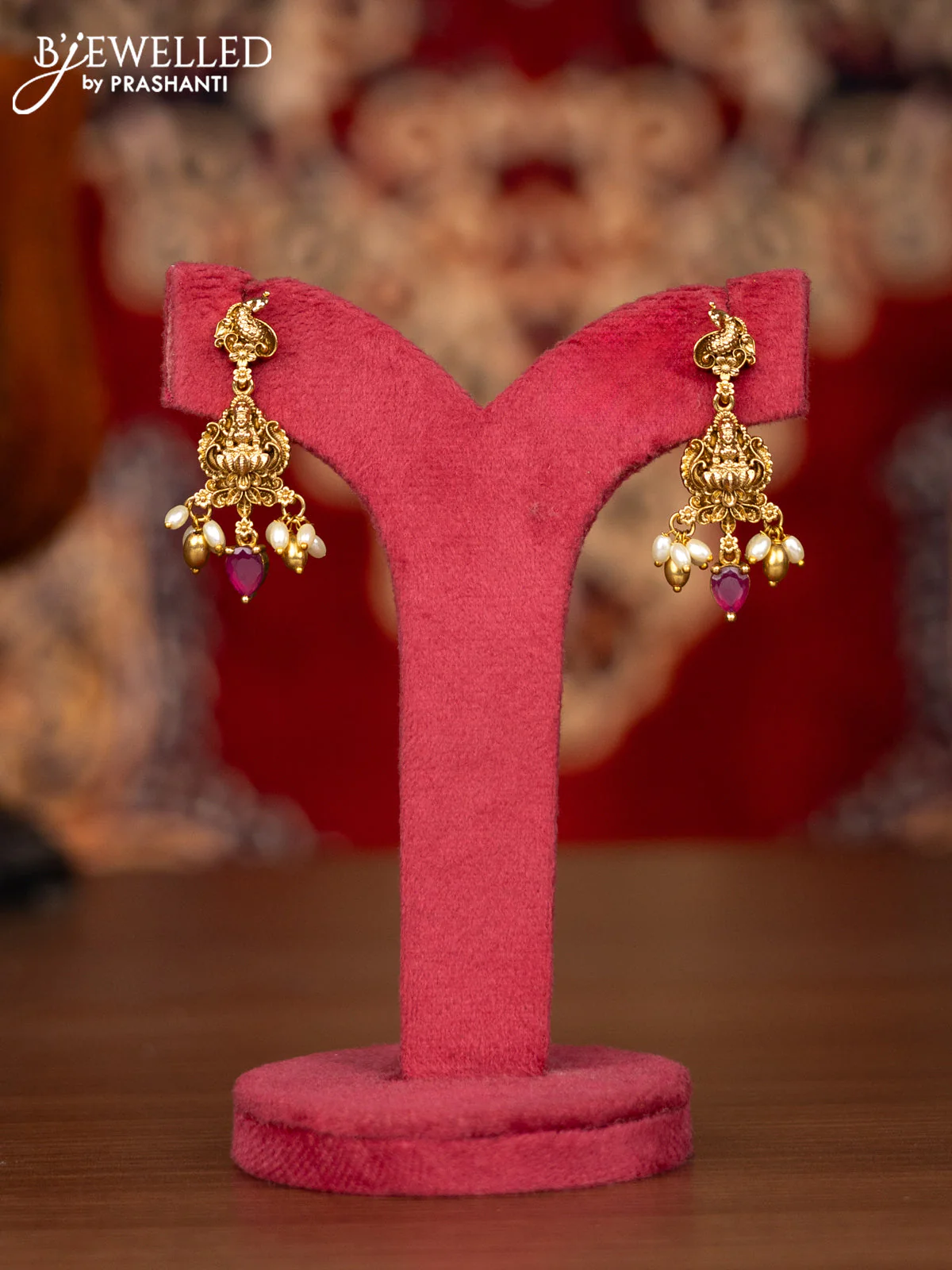 Antique necklace lakshmi & peacock design with multicolour stones and pearl & golden beads hangings - Image 2