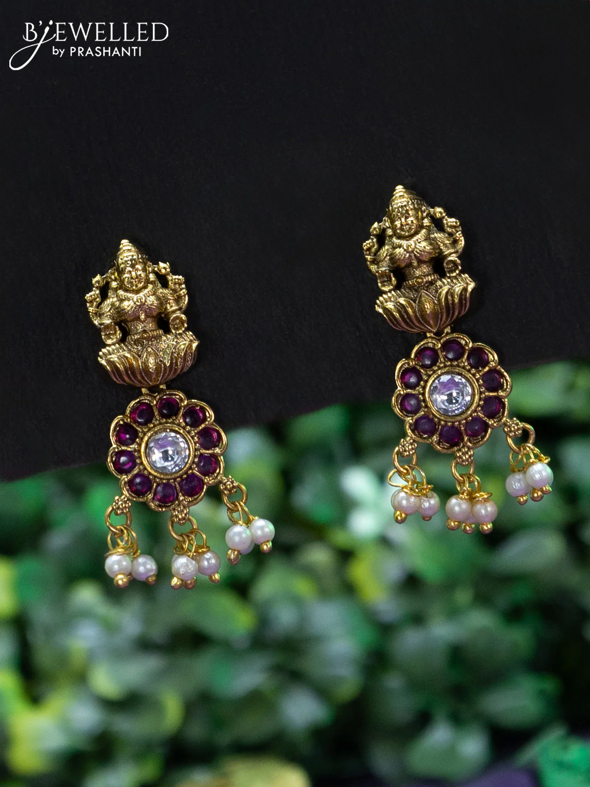 Antique necklace lakshmi & peacock design with pink kemp & cz stones and pearl hangings - Image 2