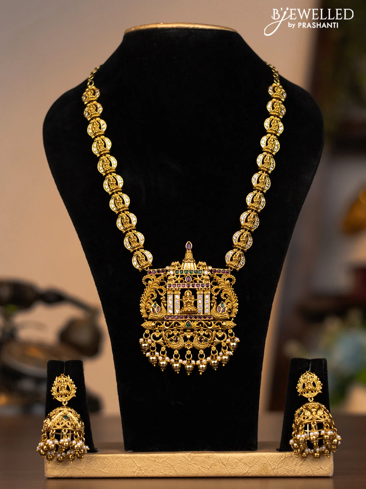 Antique necklace lakshmi pendant with kemp & cz stones and pearl & golden beads hanging
