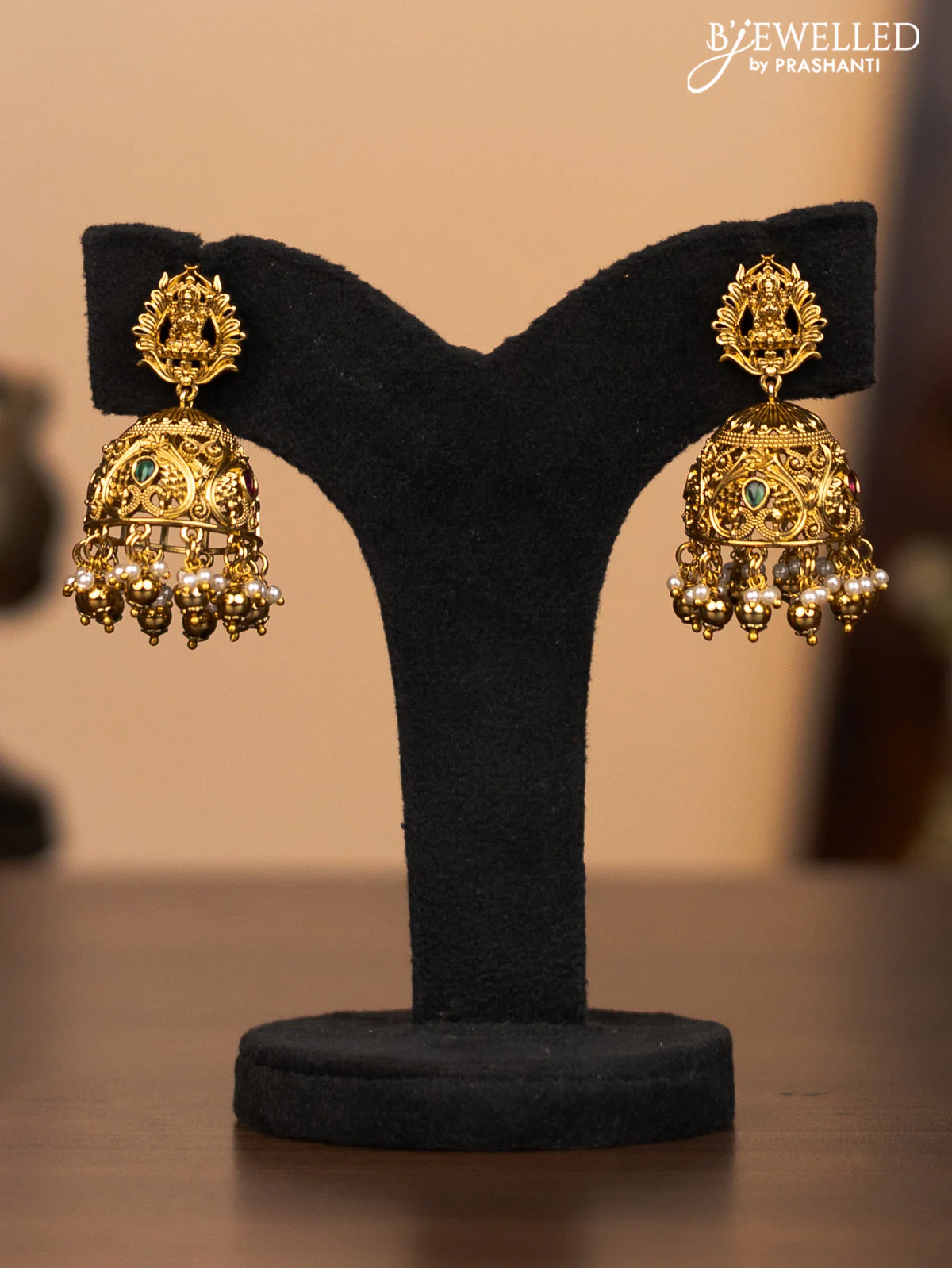 Antique necklace lakshmi pendant with kemp & cz stones and pearl & golden beads hanging - Image 2