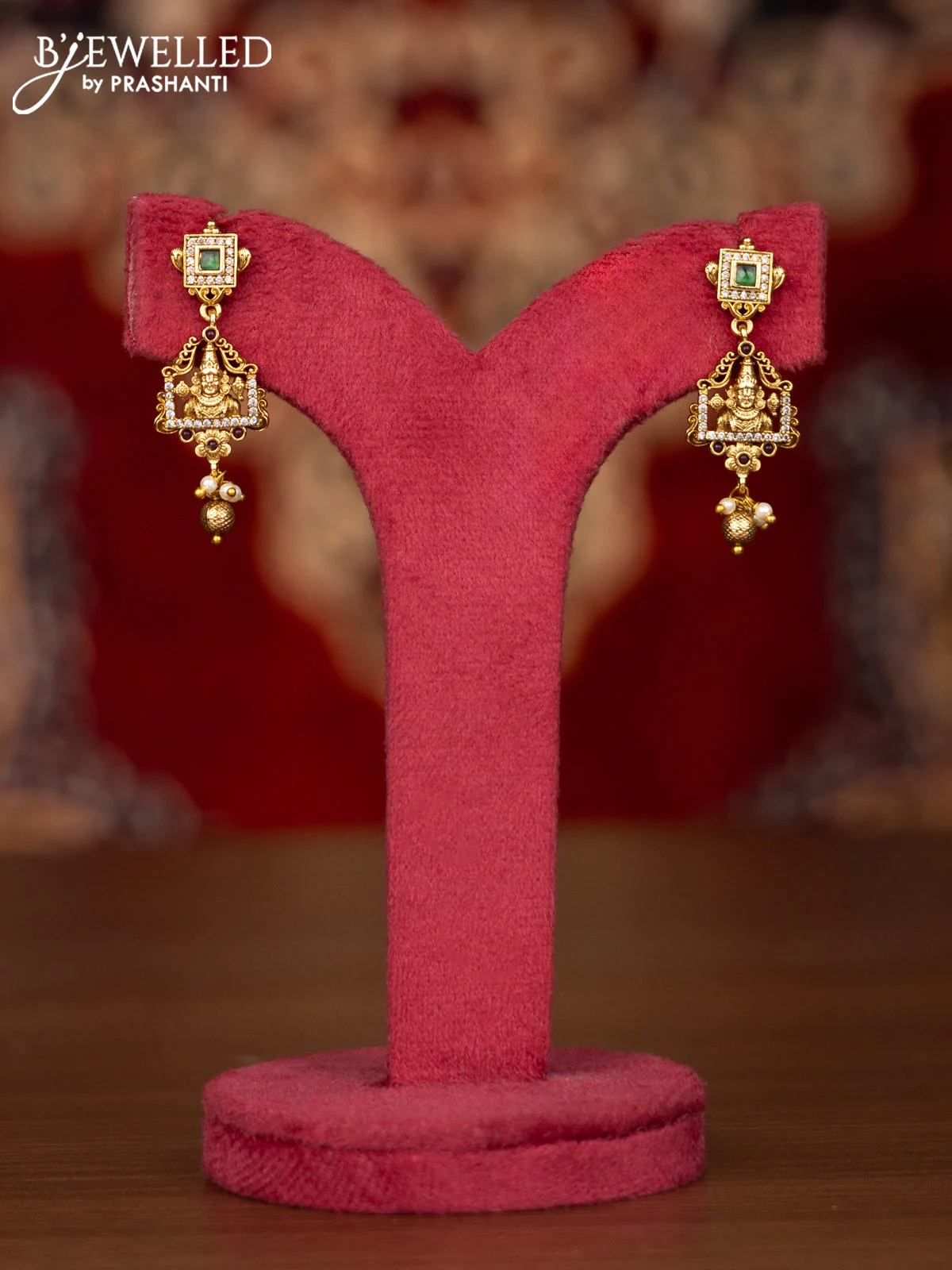 Antique necklace tirupati balaji design with emerald & cz stones and pearl & golden beads hangings - Image 2