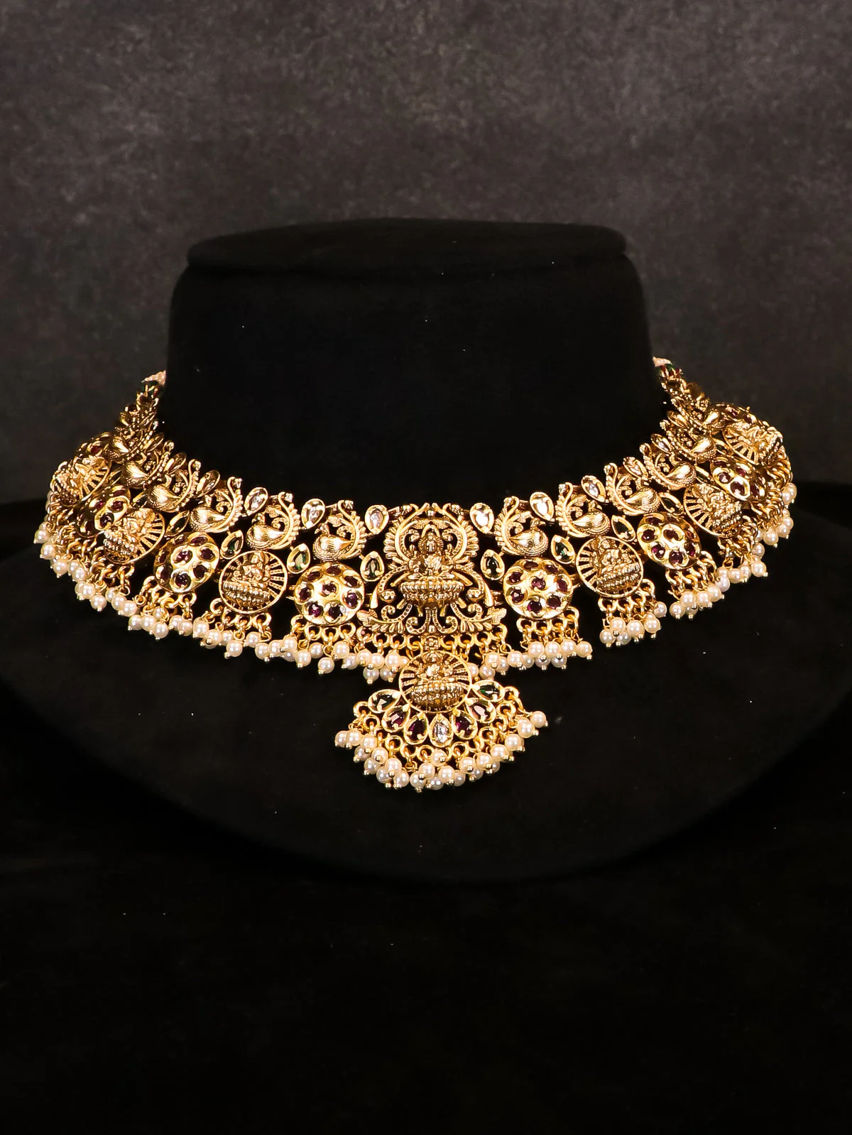 Antique peacock & lakshmi design necklace with kemp stone