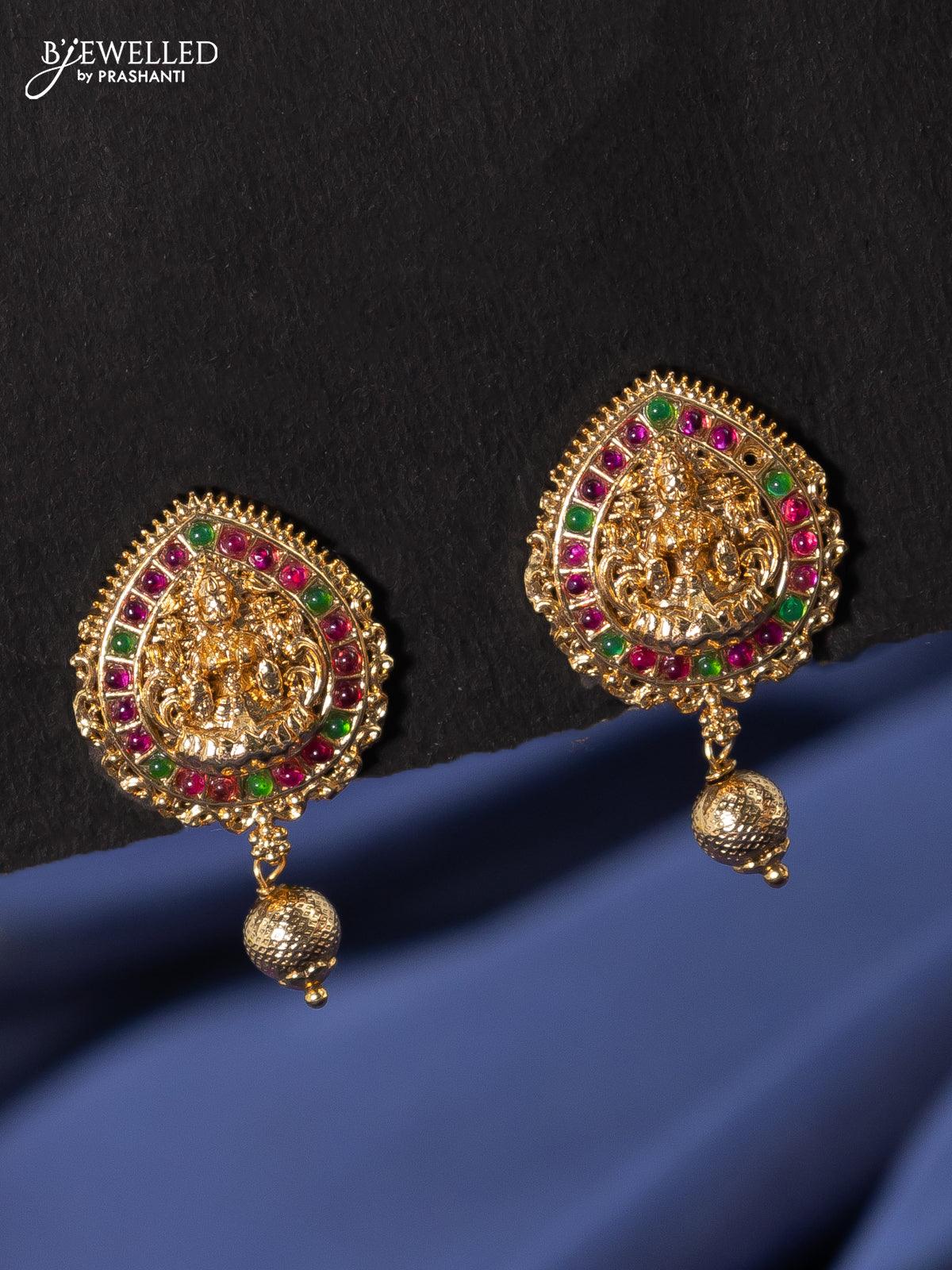 Antique pendant set lakshmi design with kemp stone and golden beads hangings - Image 2