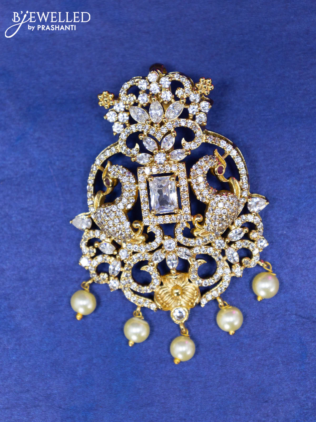 Antique pendant set peacock design with cz stones and pearl hangings - Image 2